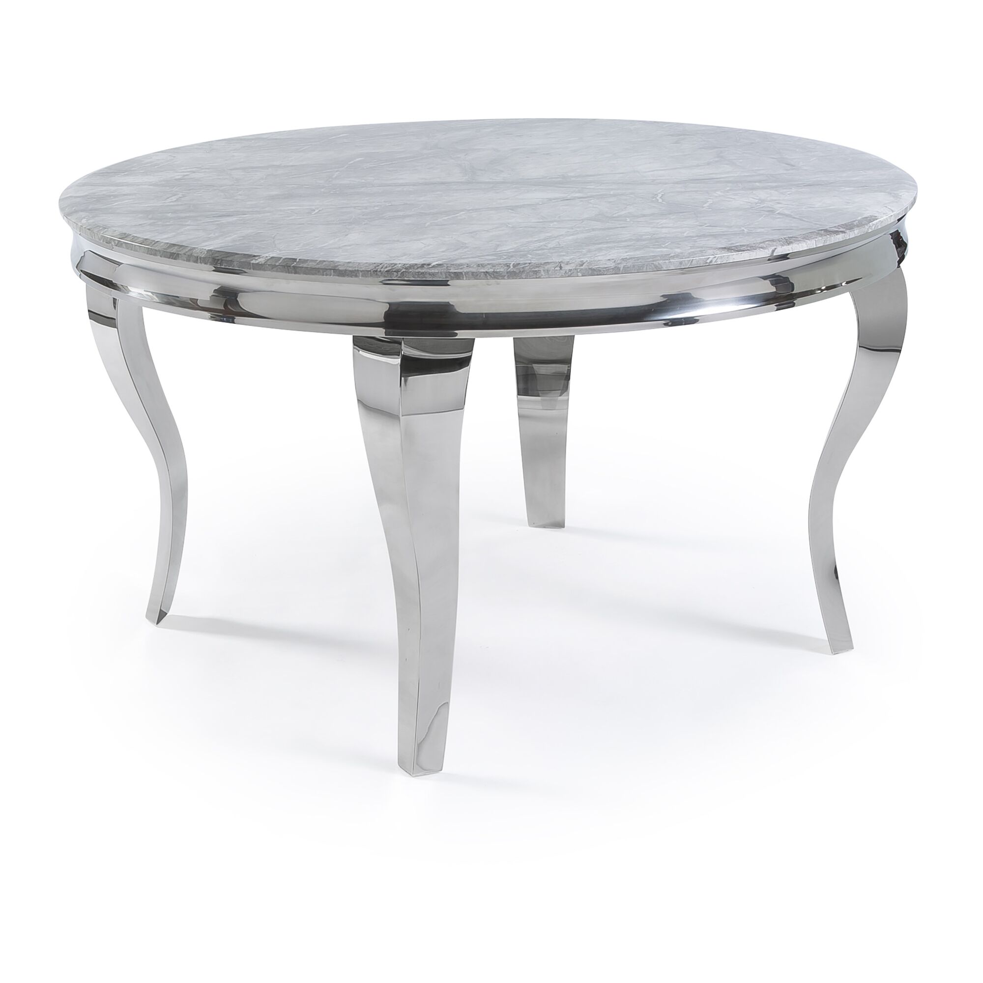 1.3m Circular Louis Polished Steel Dining Grey Marble Table Set with 4 Dove Grey Brushed Velvet Dining Chair - Image 2