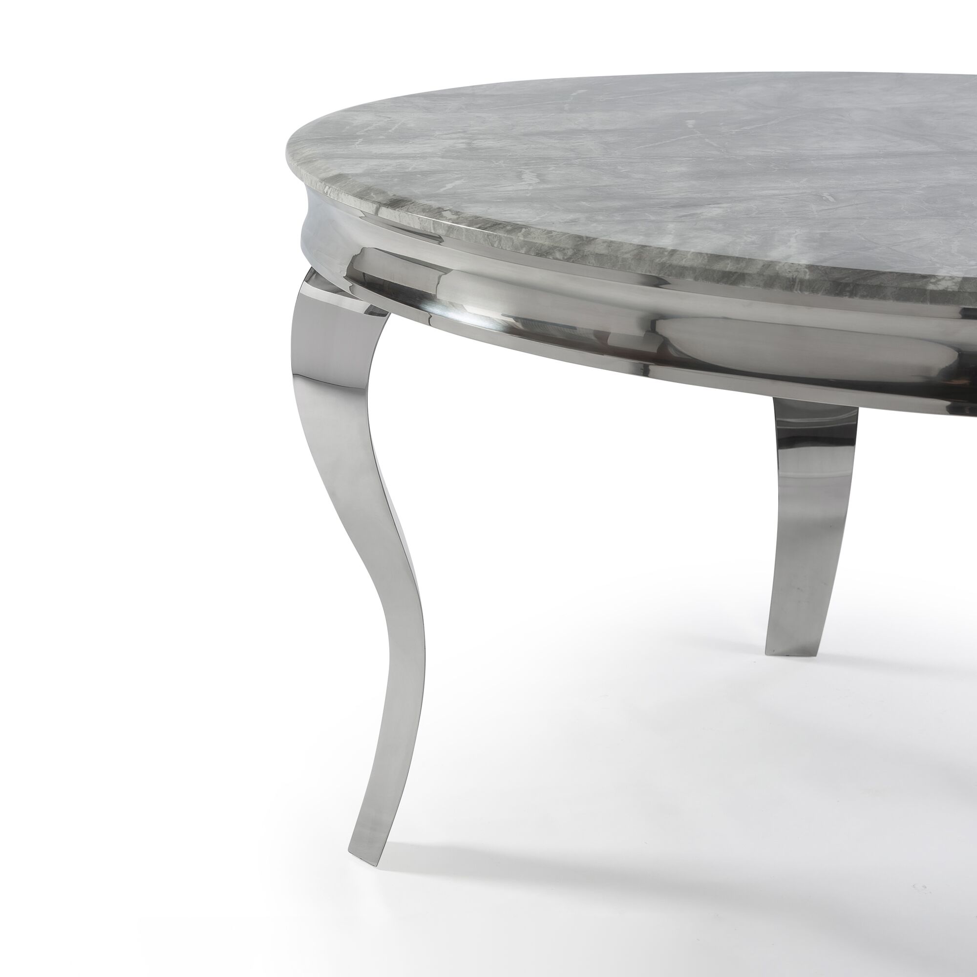 1.3m Circular Louis Polished Steel Dining Grey Marble Table Set with 4 Dove Grey Brushed Velvet Dining Chair - Image 3