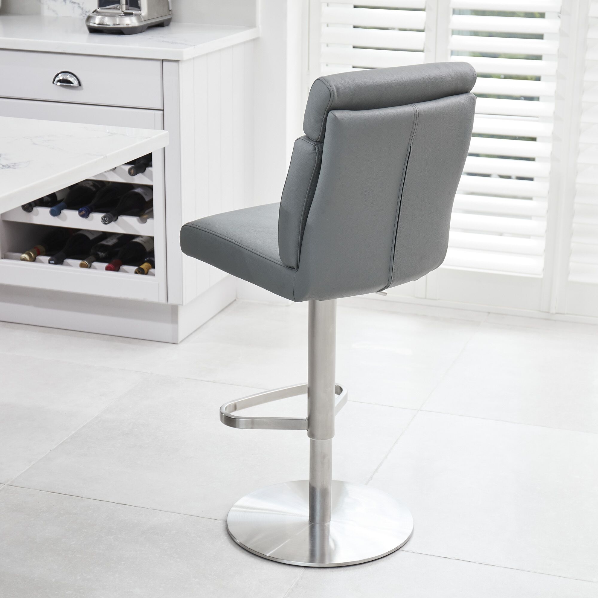 Portland Brushed Steel Gas Lift Kitchen Stool in Grey Faux Leather - Image 2