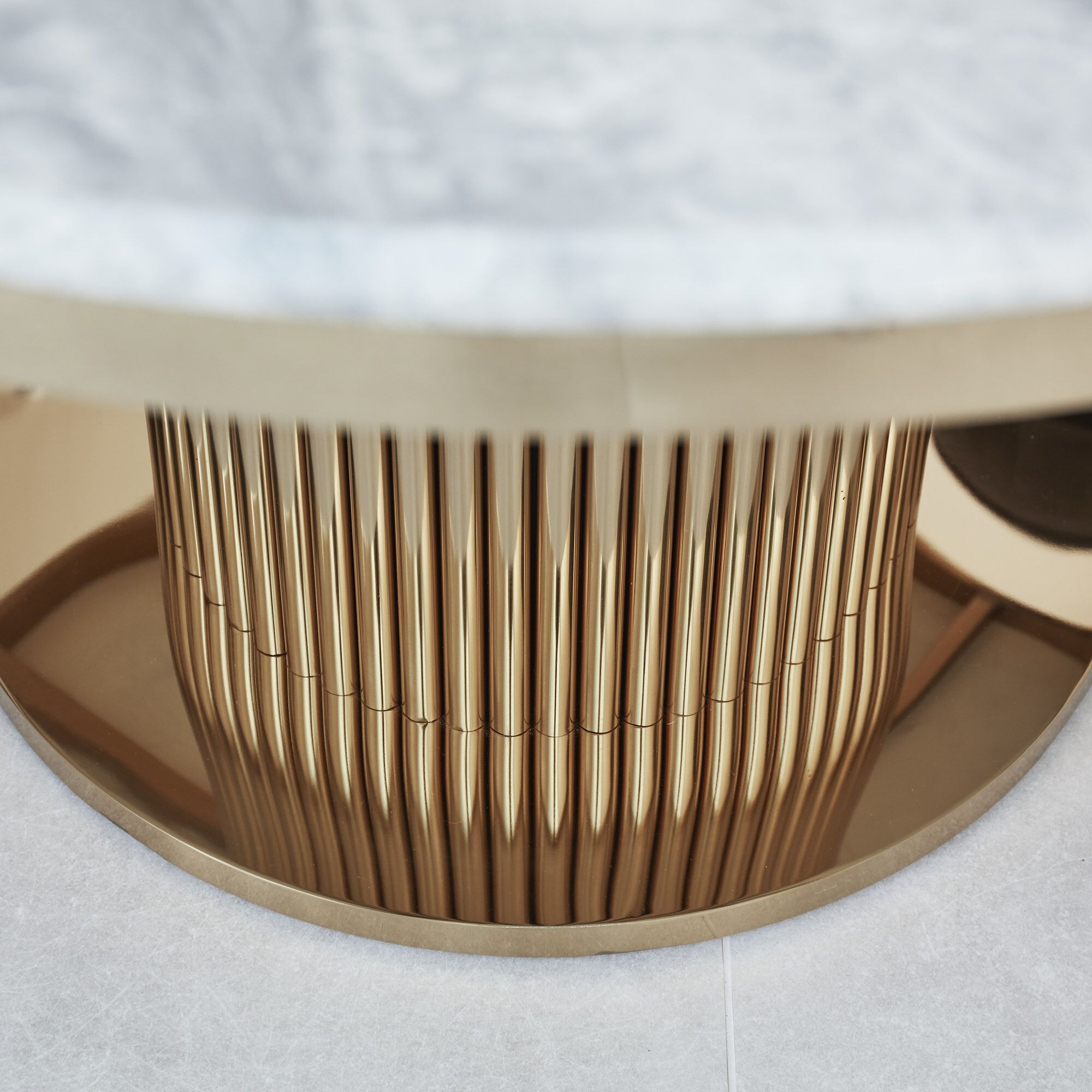 1.3M Circular Pedestal Gold Stainless Steel Dining Table with a Grey Marble Effect - Image 6