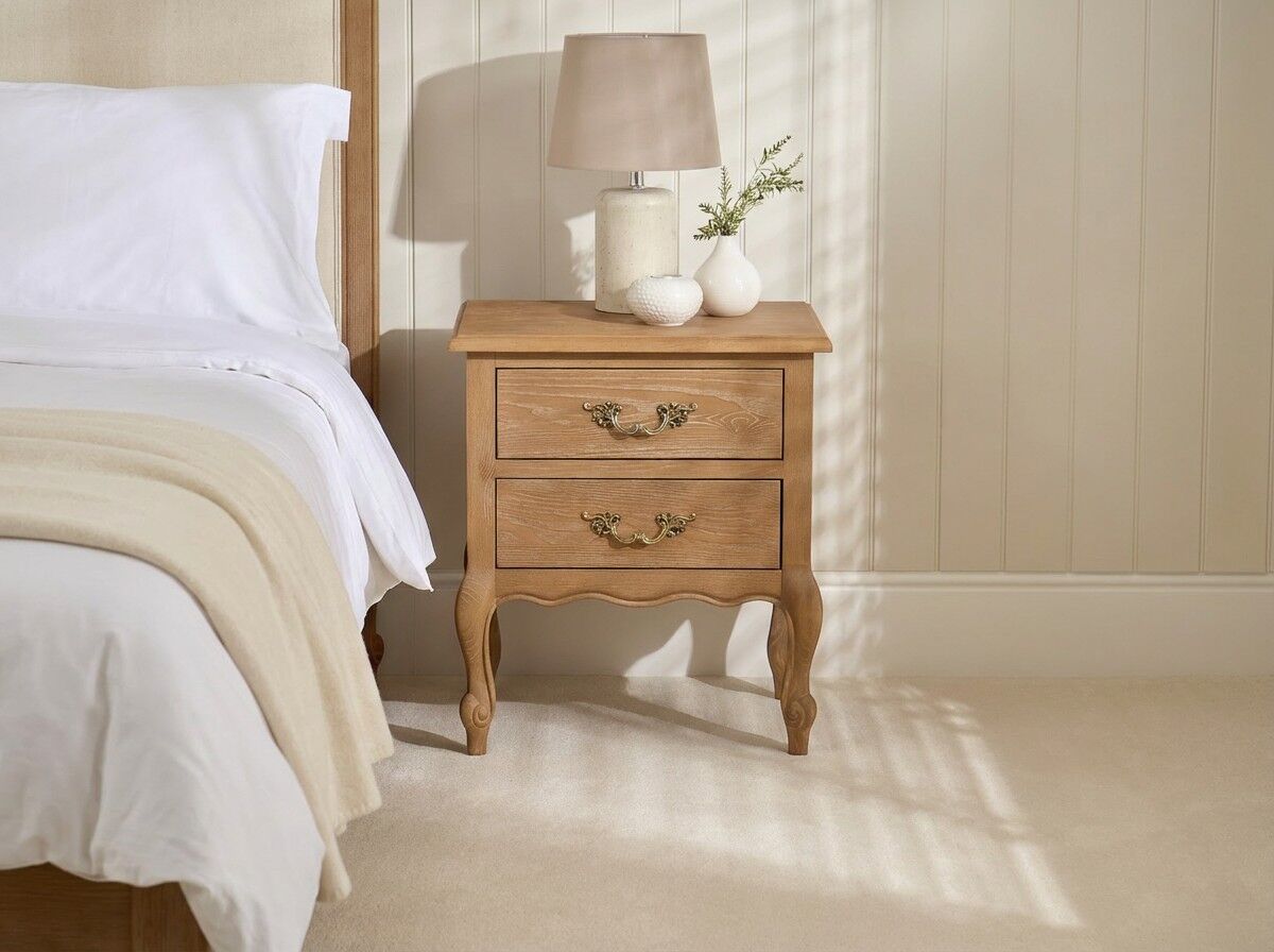 French Weathered Limed Ash Two Drawer Bedside Table