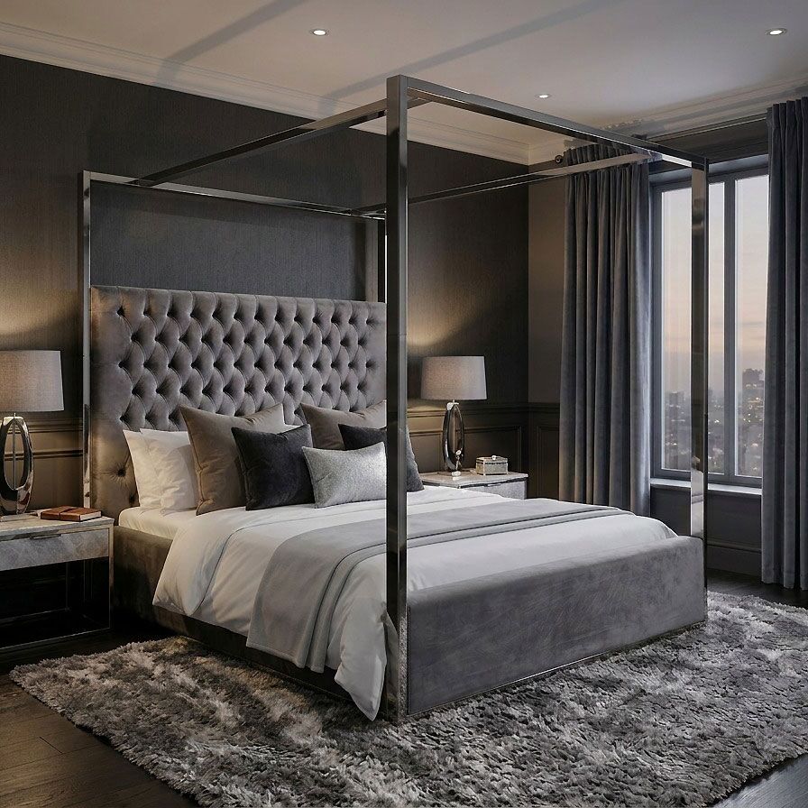 6ft Boston Super King Size Polished Steel Velvet Four Poster Bed - Image 2