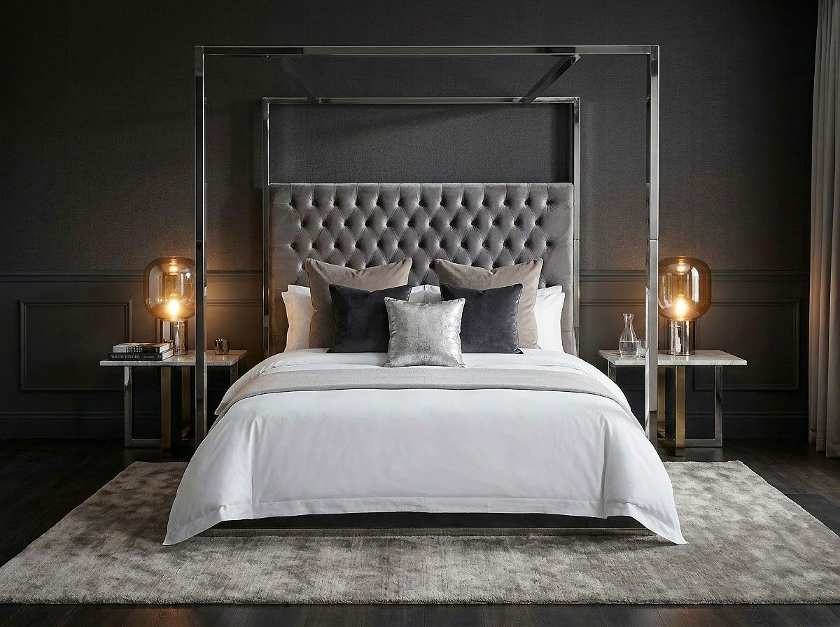 6ft Boston Super King Size Polished Steel Velvet Four Poster Bed