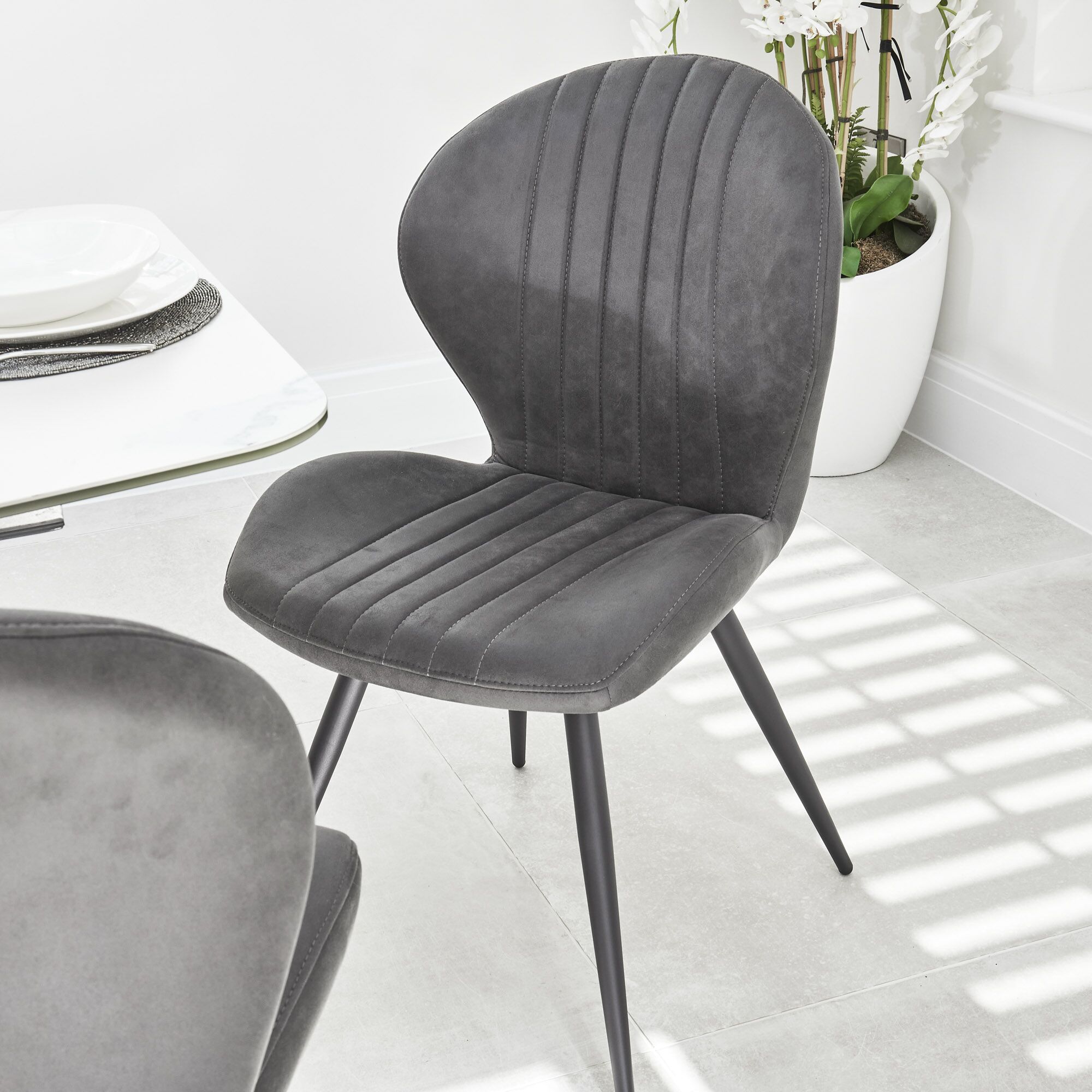 Watson Grey Nubuck Upholstered Dining Chair with Black Legs - Image 4