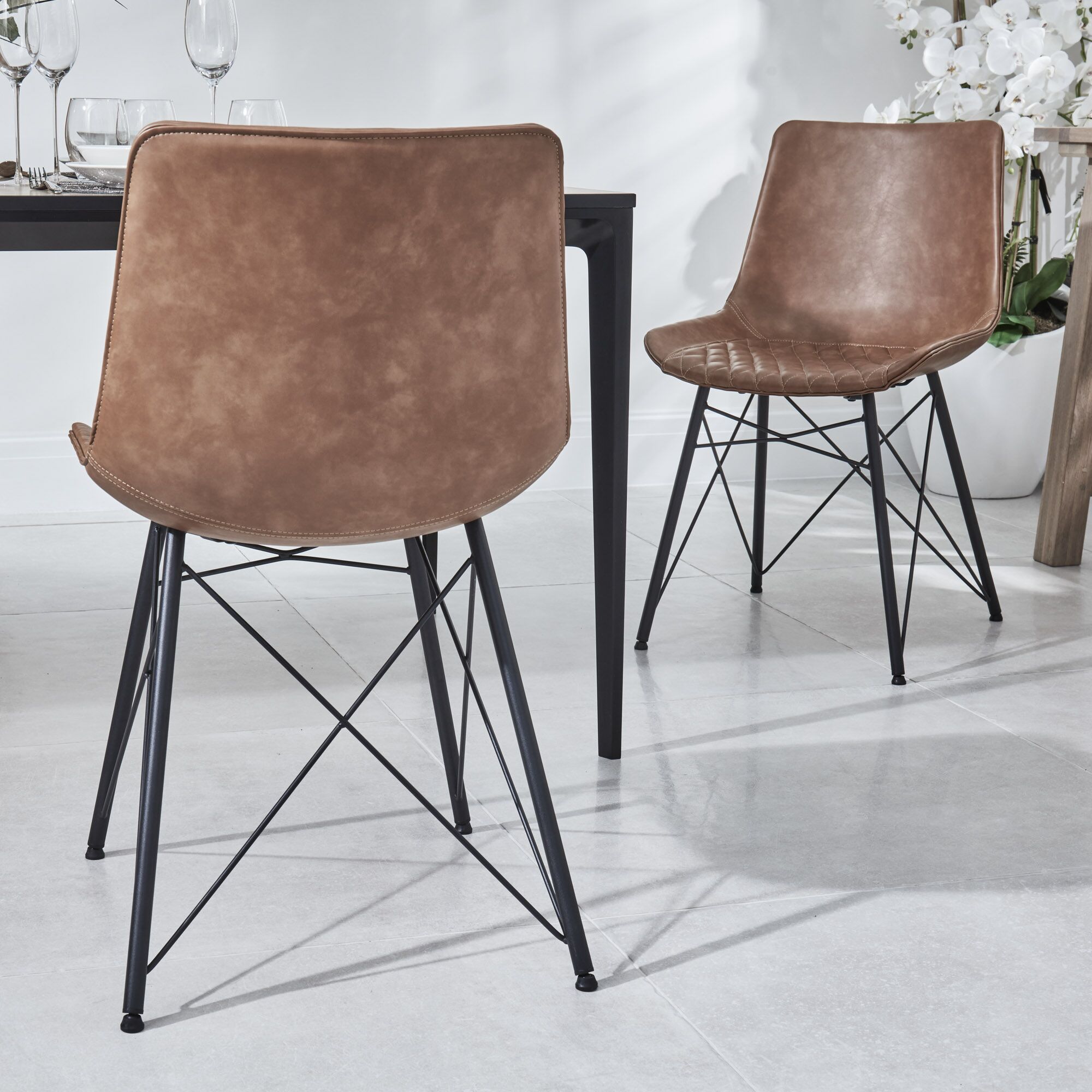 Bellagio 90cm Square Natural Oak Melamine Dining Table Set with 4x Leon Tan Dining Chairs - Image 13