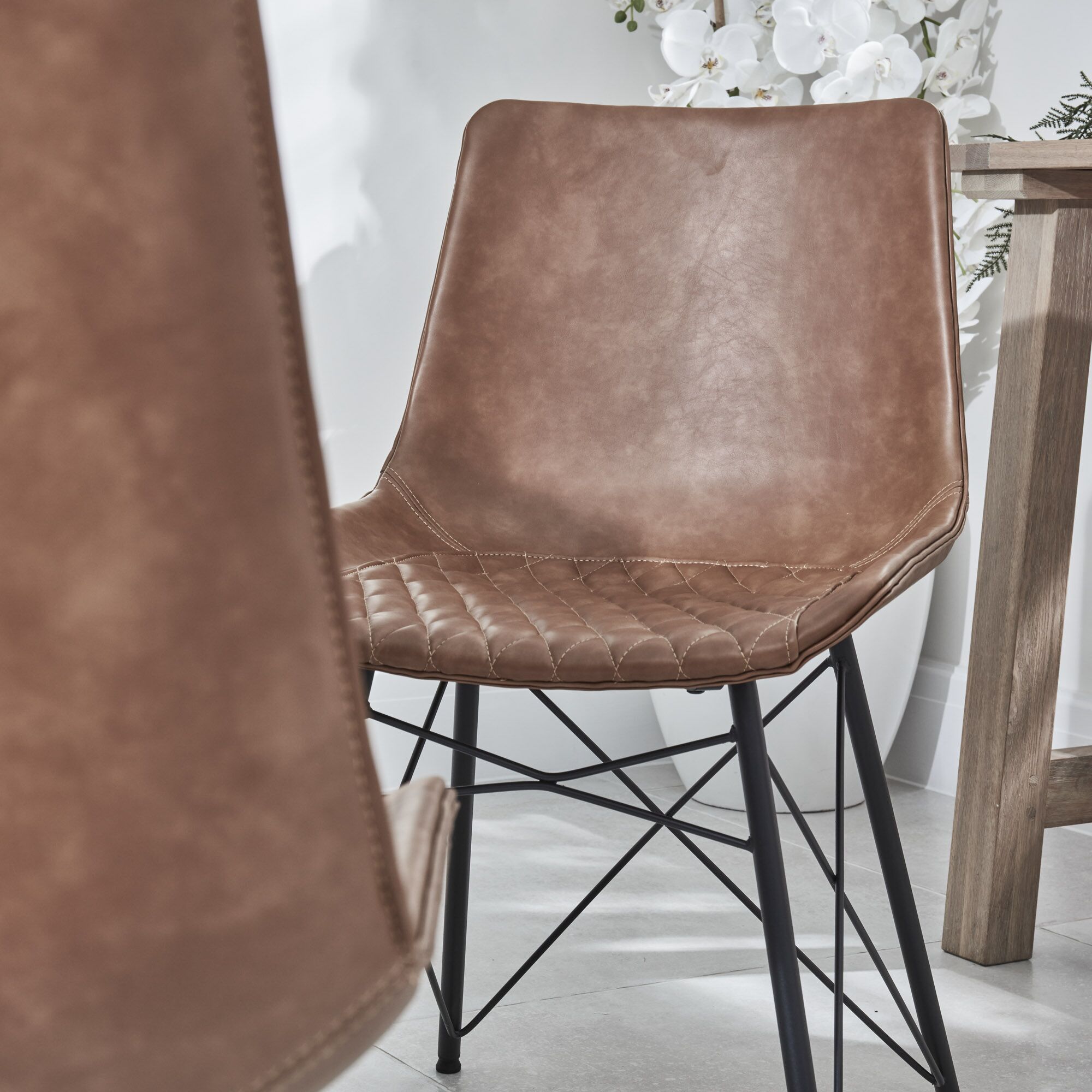 Bellagio 90cm Square Natural Oak Melamine Dining Table Set with 4x Leon Tan Dining Chairs - Image 10