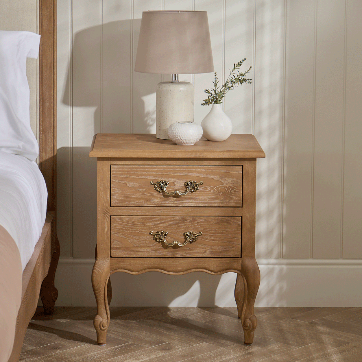 French Weathered Limed Ash Two Drawer Bedside Table - Image 2