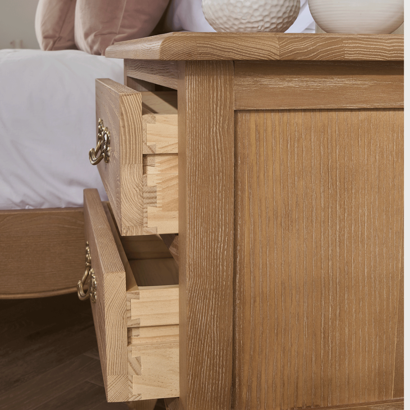 French Weathered Limed Ash Two Drawer Bedside Table - Image 4
