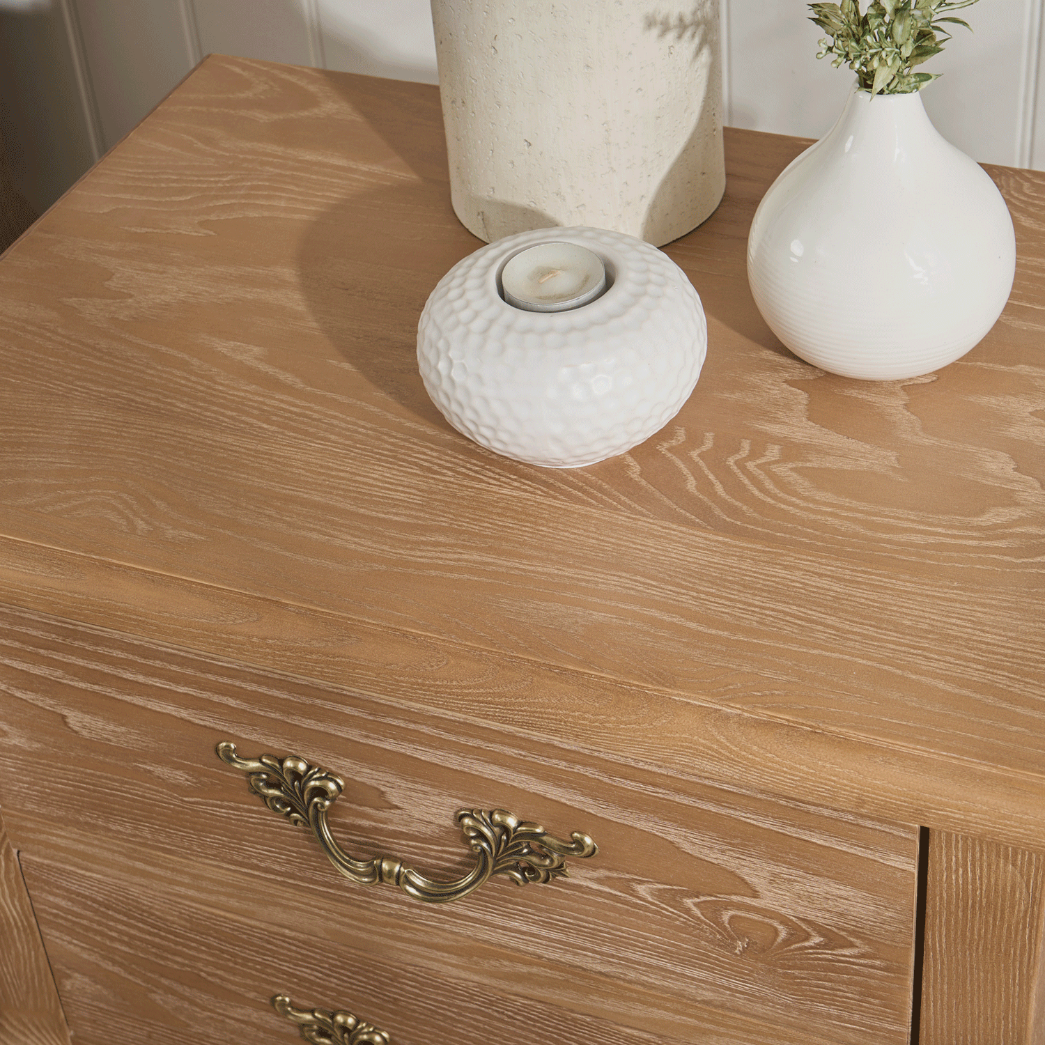 French Weathered Limed Ash Two Drawer Bedside Table - Image 5