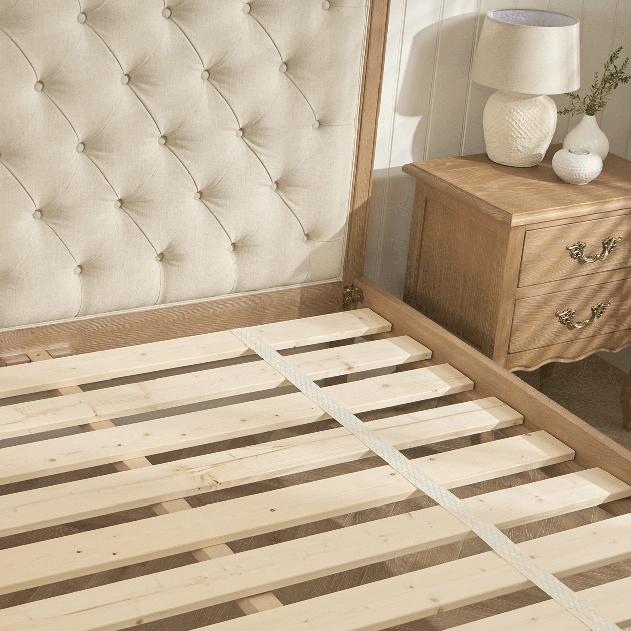 Eloise Limed Ash Upholstered Button Low Foot Board Bed - Double Size - Image 10