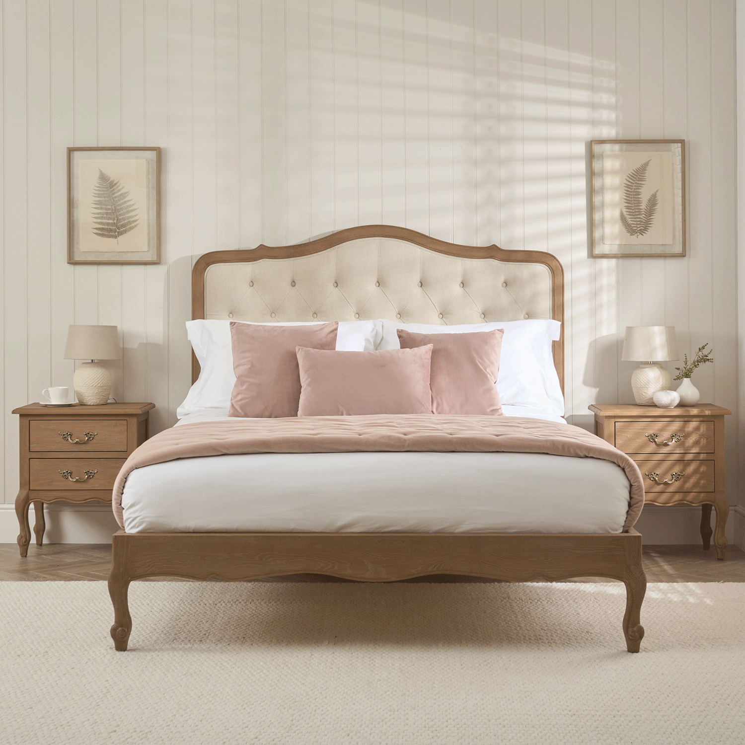 Eloise Limed Ash Upholstered Button Low Foot Board Bed - Double Size