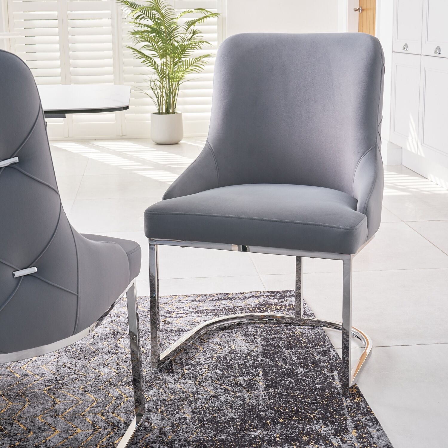 Clara Grey Brushed Velvet Upholstered Dining Chair - Polished Stainless Steel Base - Image 4