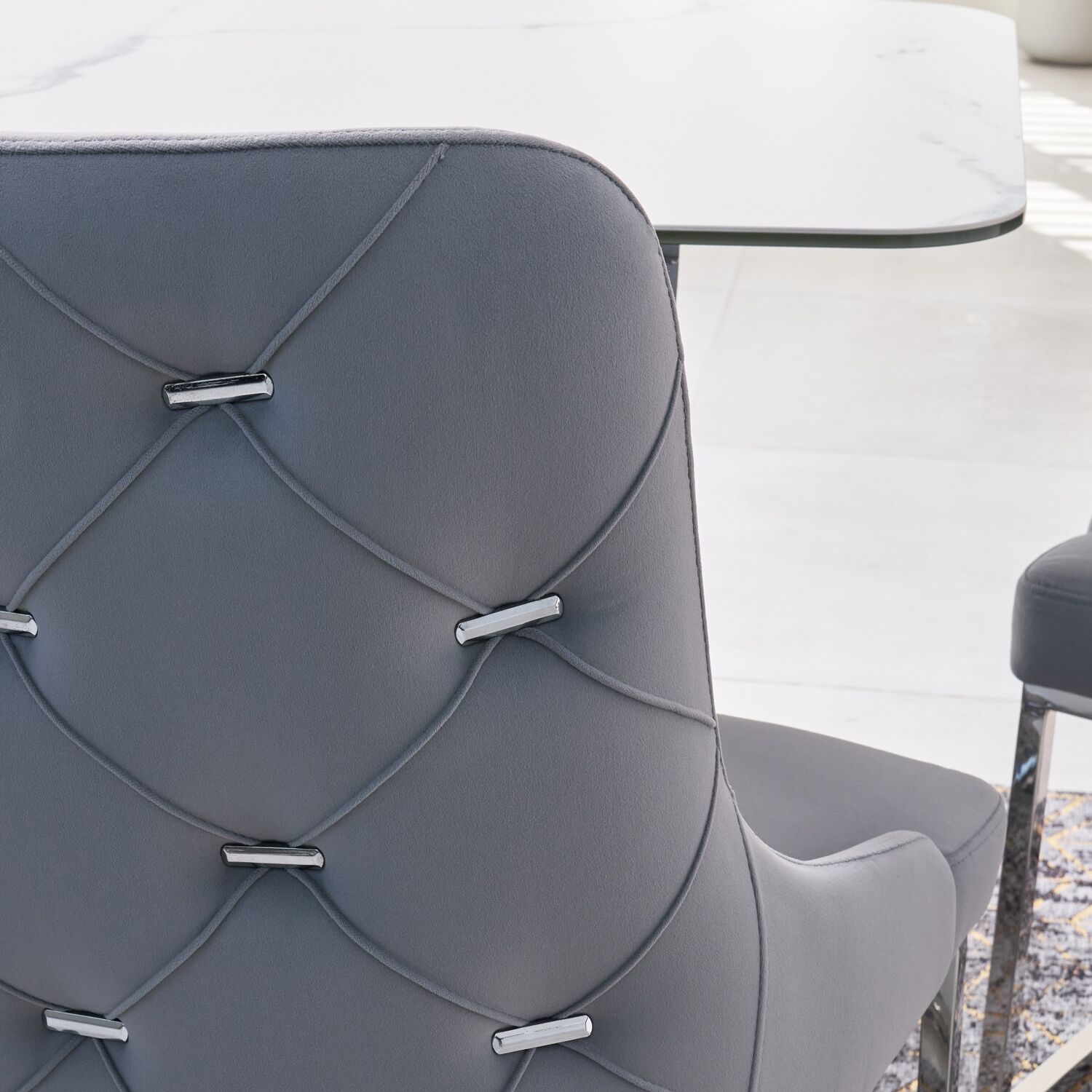 Clara Grey Brushed Velvet Upholstered Dining Chair - Polished Stainless Steel Base - Image 6