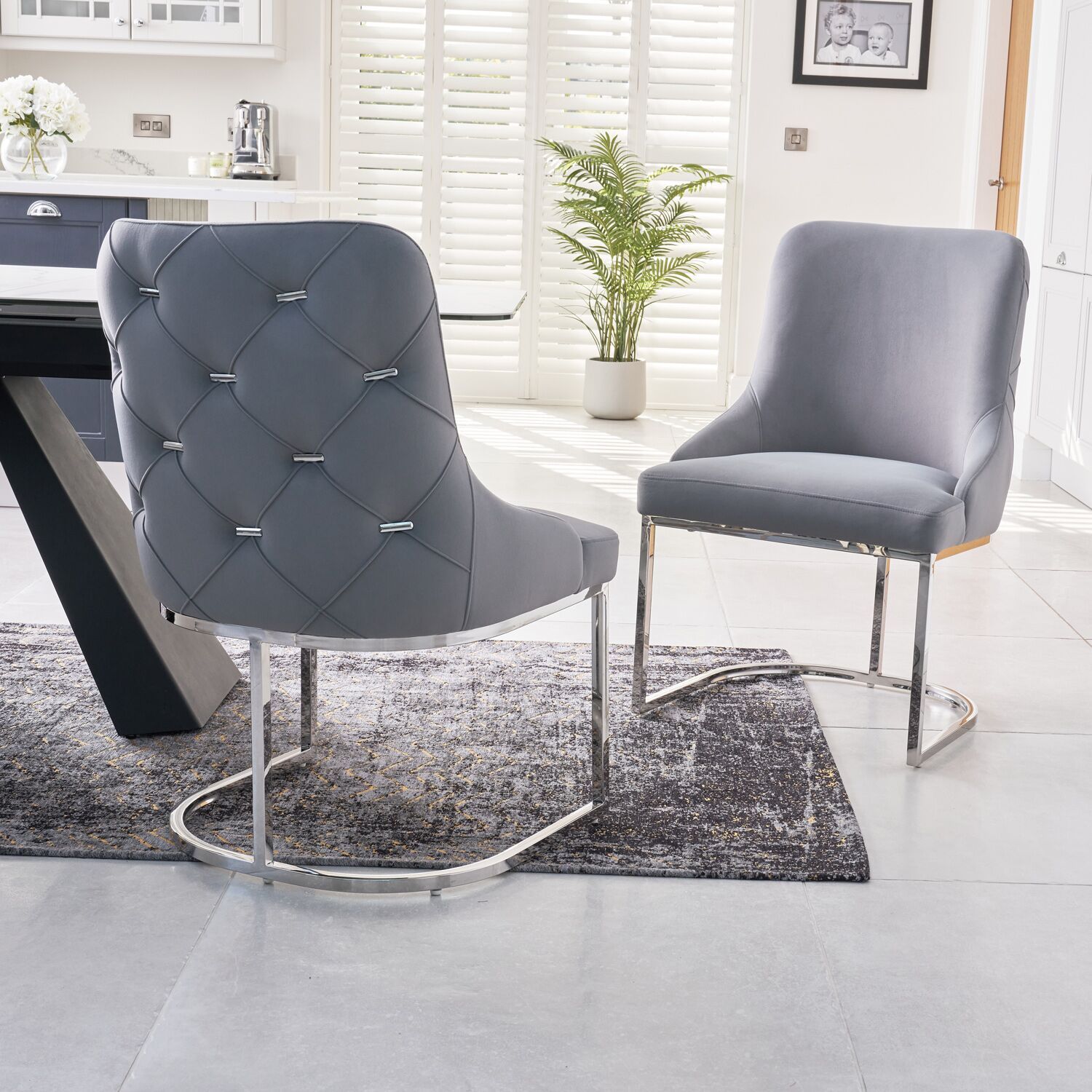 Clara Grey Brushed Velvet Upholstered Dining Chair - Polished Stainless Steel Base