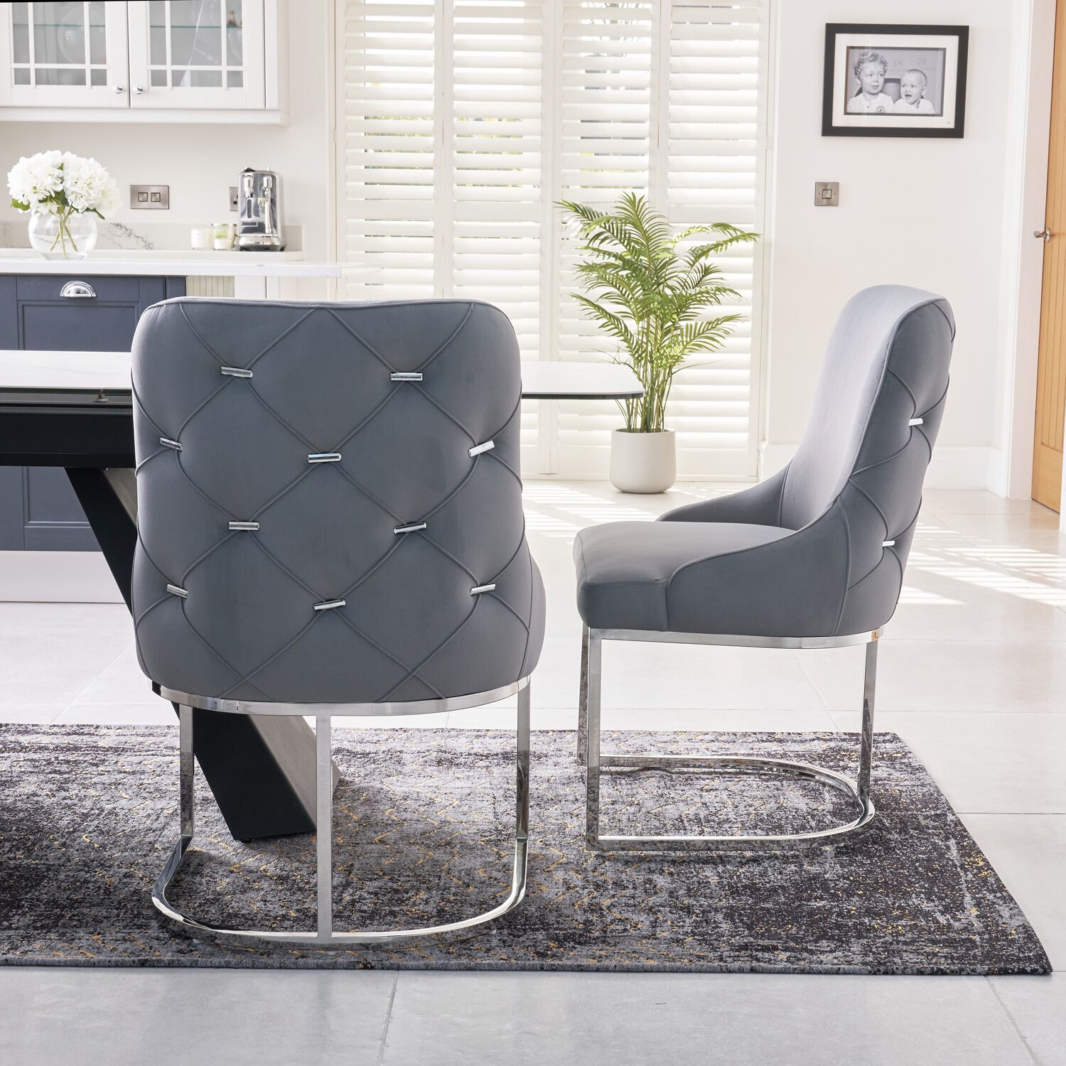Clara Grey Brushed Velvet Upholstered Dining Chair - Polished Stainless Steel Base - Image 5