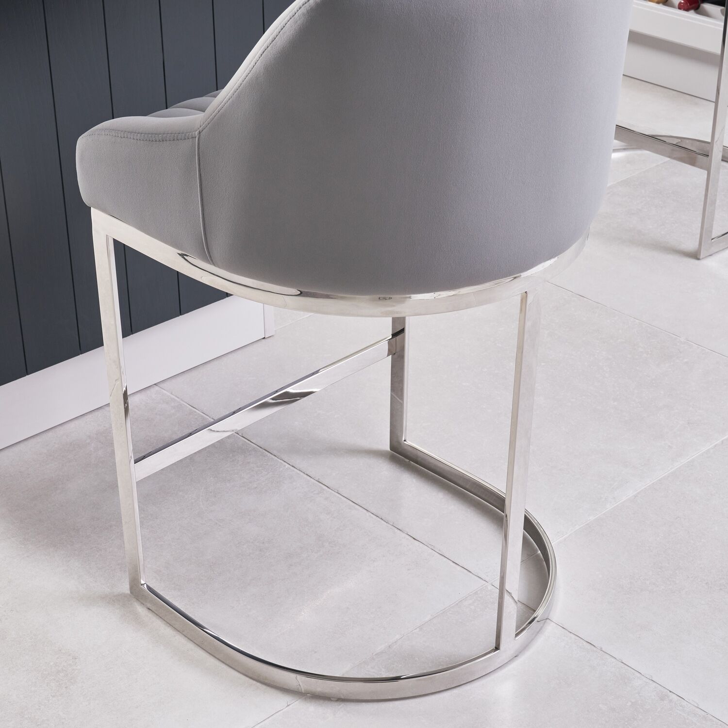 Barcelona Grey Velvet Kitchen Stool with a Stainless Steel Frame - Image 5