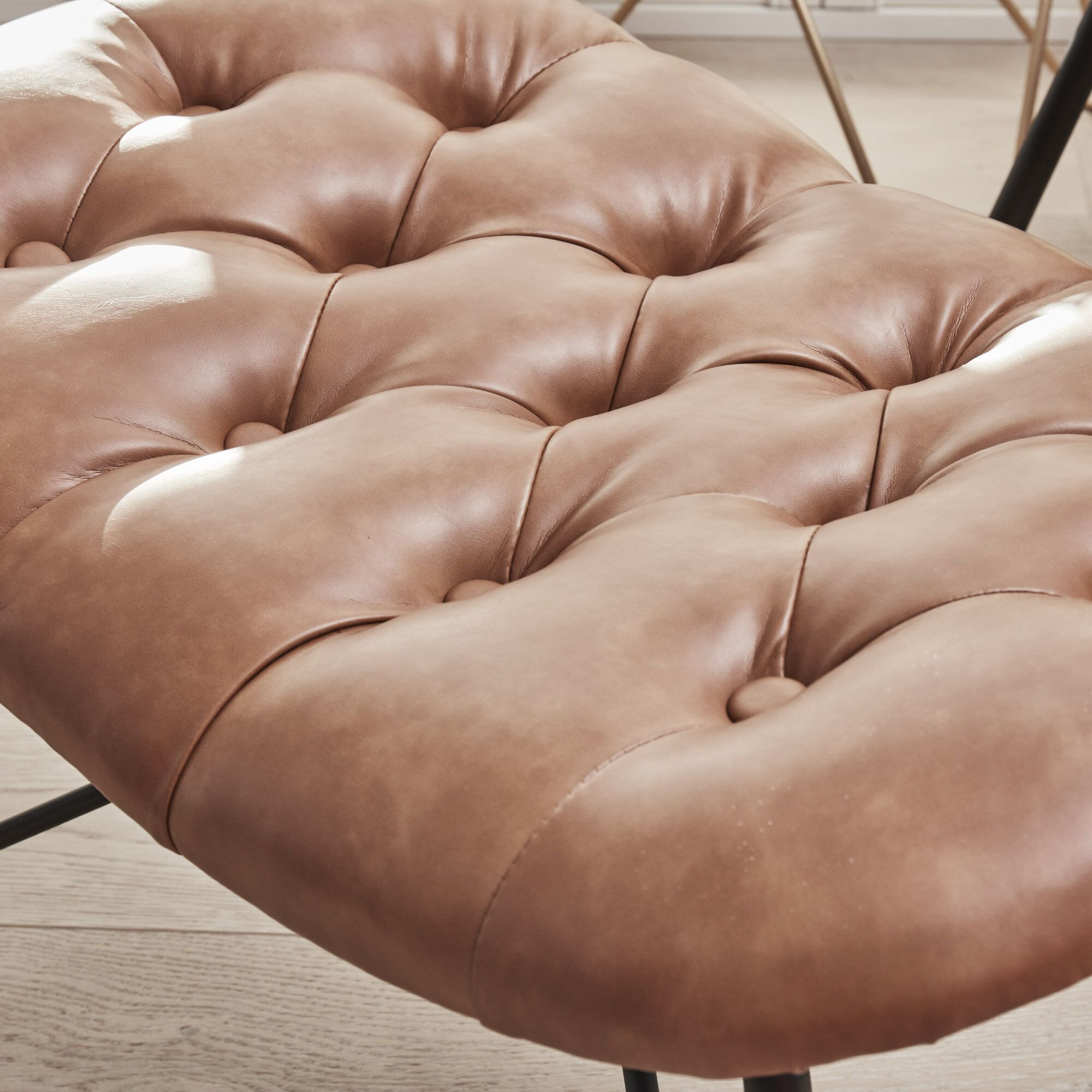 Belvedere Chesterfield Lounge Chair with Footstool In A Tan Brown Faux Leather - Image 11