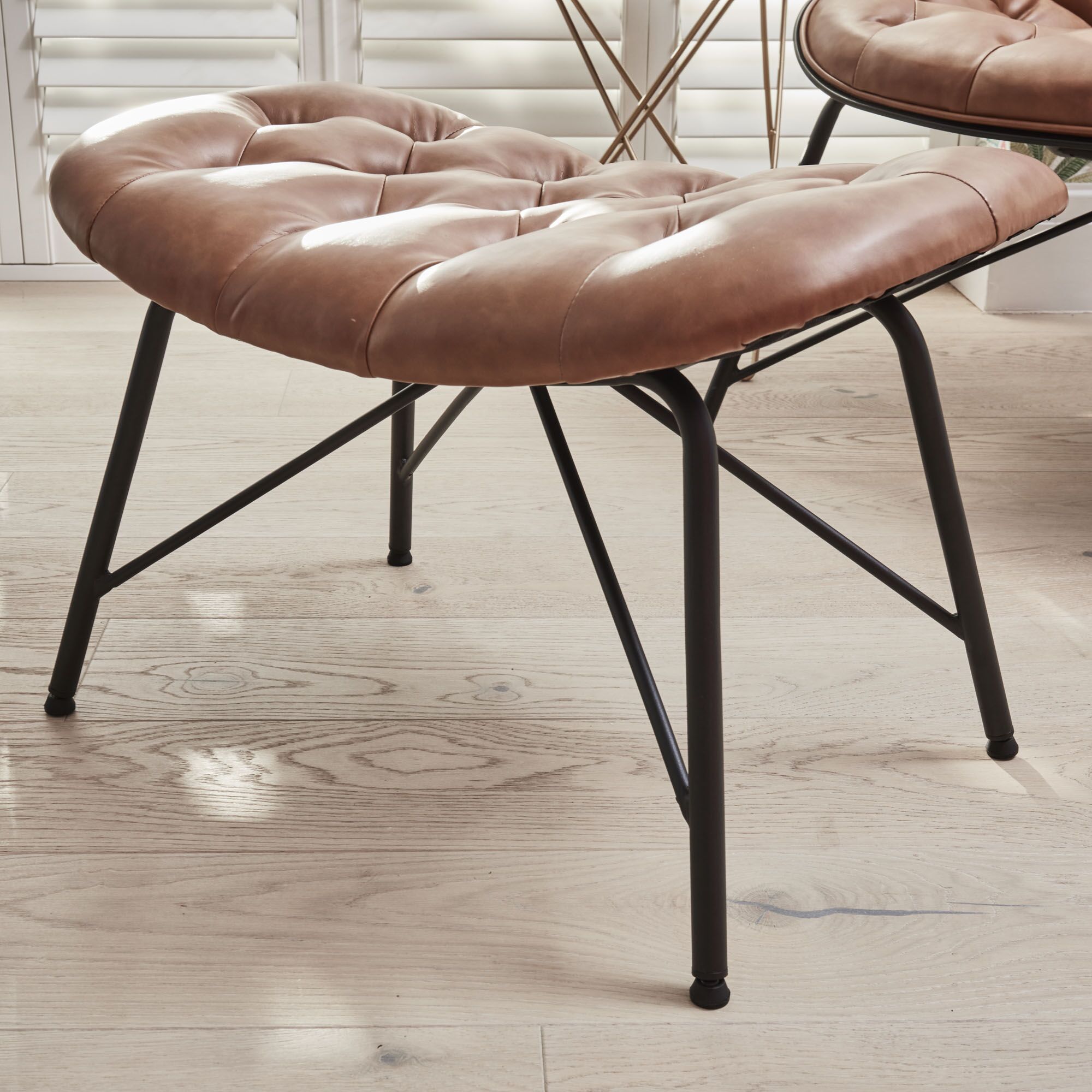 Belvedere Chesterfield Lounge Chair with Footstool In A Tan Brown Faux Leather - Image 13