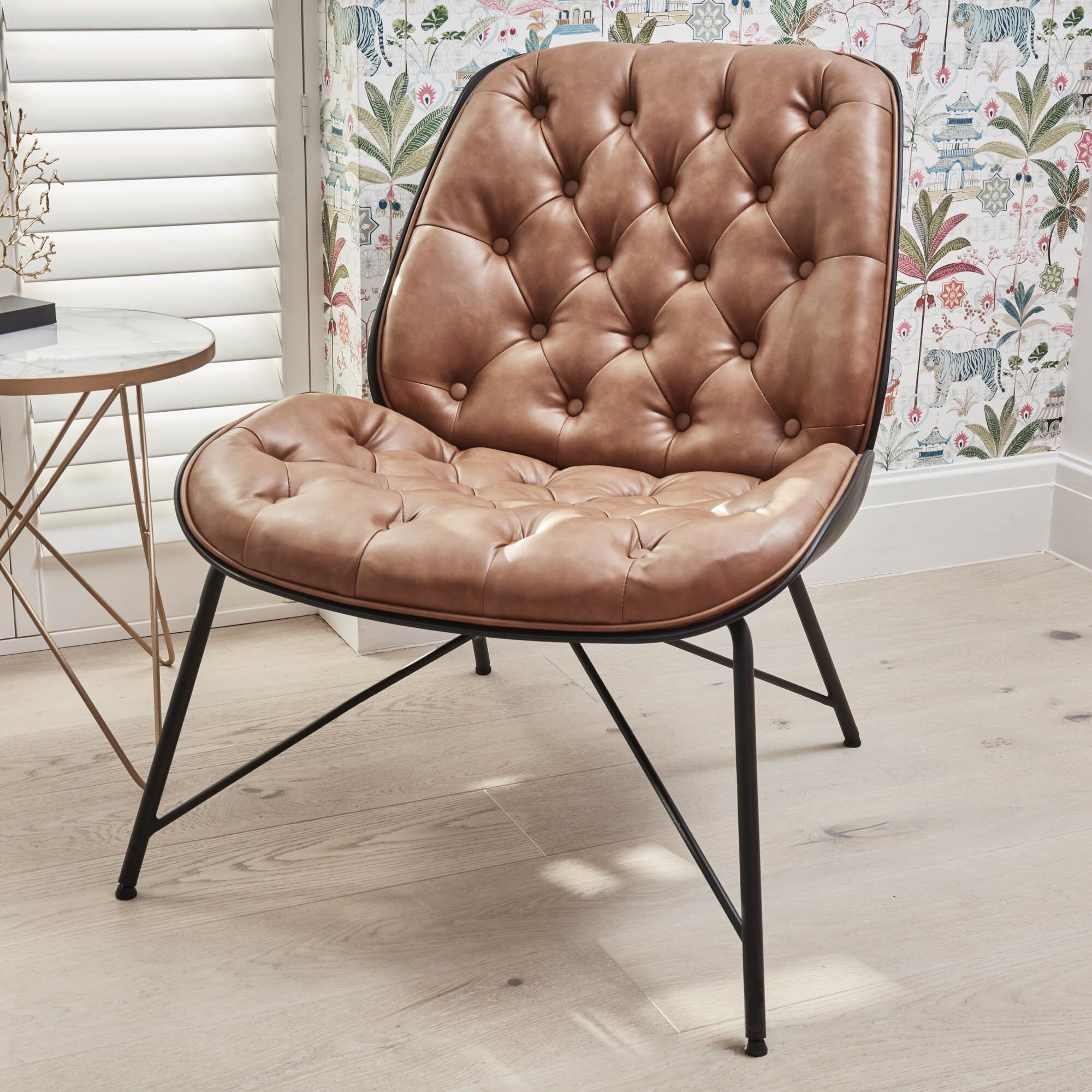 Belvedere Chesterfield Lounge Chair with Footstool In A Tan Brown Faux Leather - Image 14