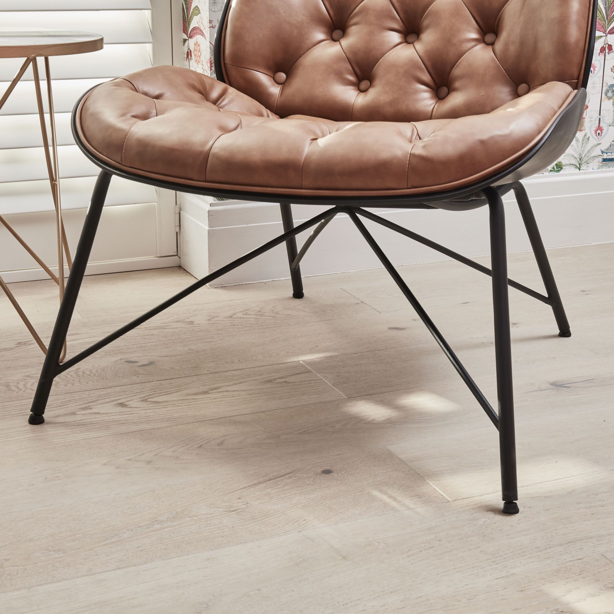 Belvedere Chesterfield Lounge Chair with Footstool In A Tan Brown Faux Leather - Image 15