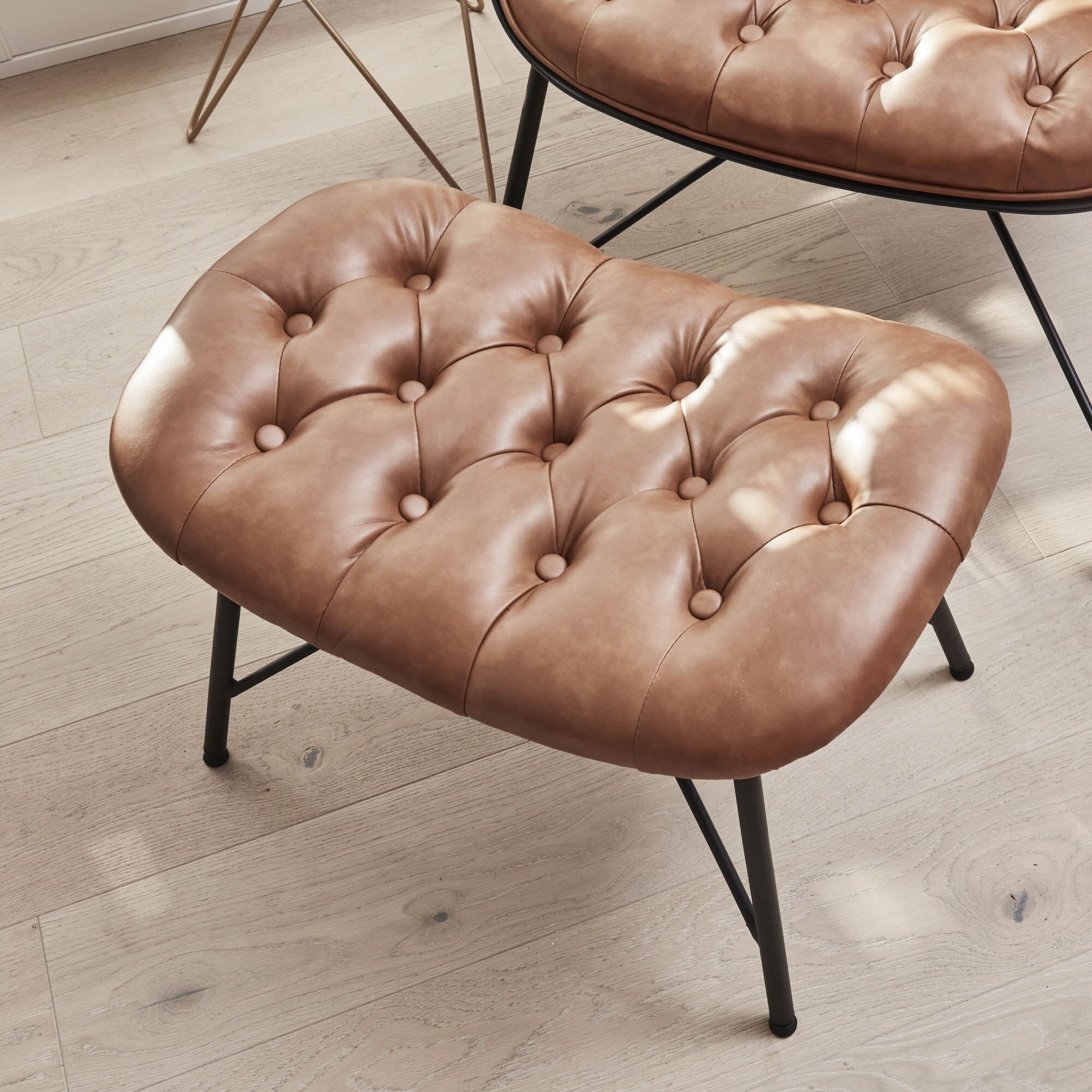 Belvedere Chesterfield Lounge Chair with Footstool In A Tan Brown Faux Leather - Image 16