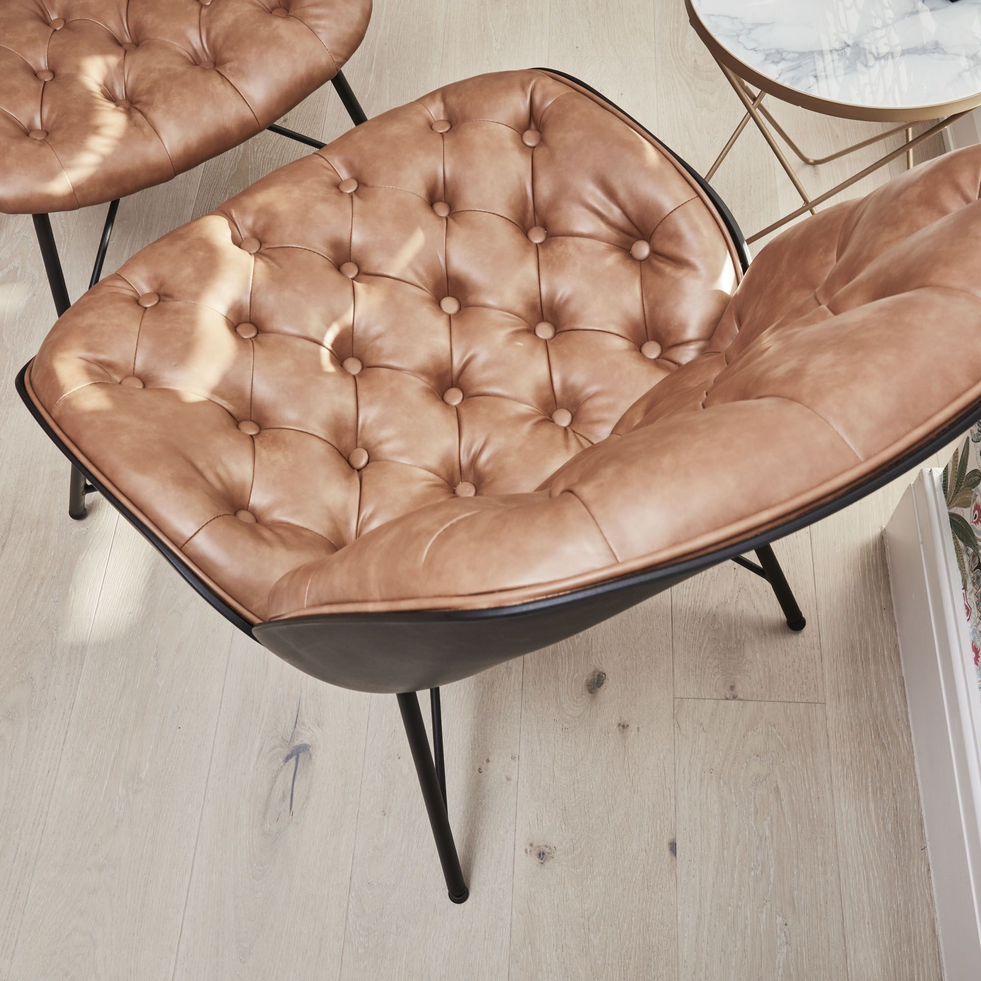 Belvedere Chesterfield Lounge Chair with Footstool In A Tan Brown Faux Leather - Image 17