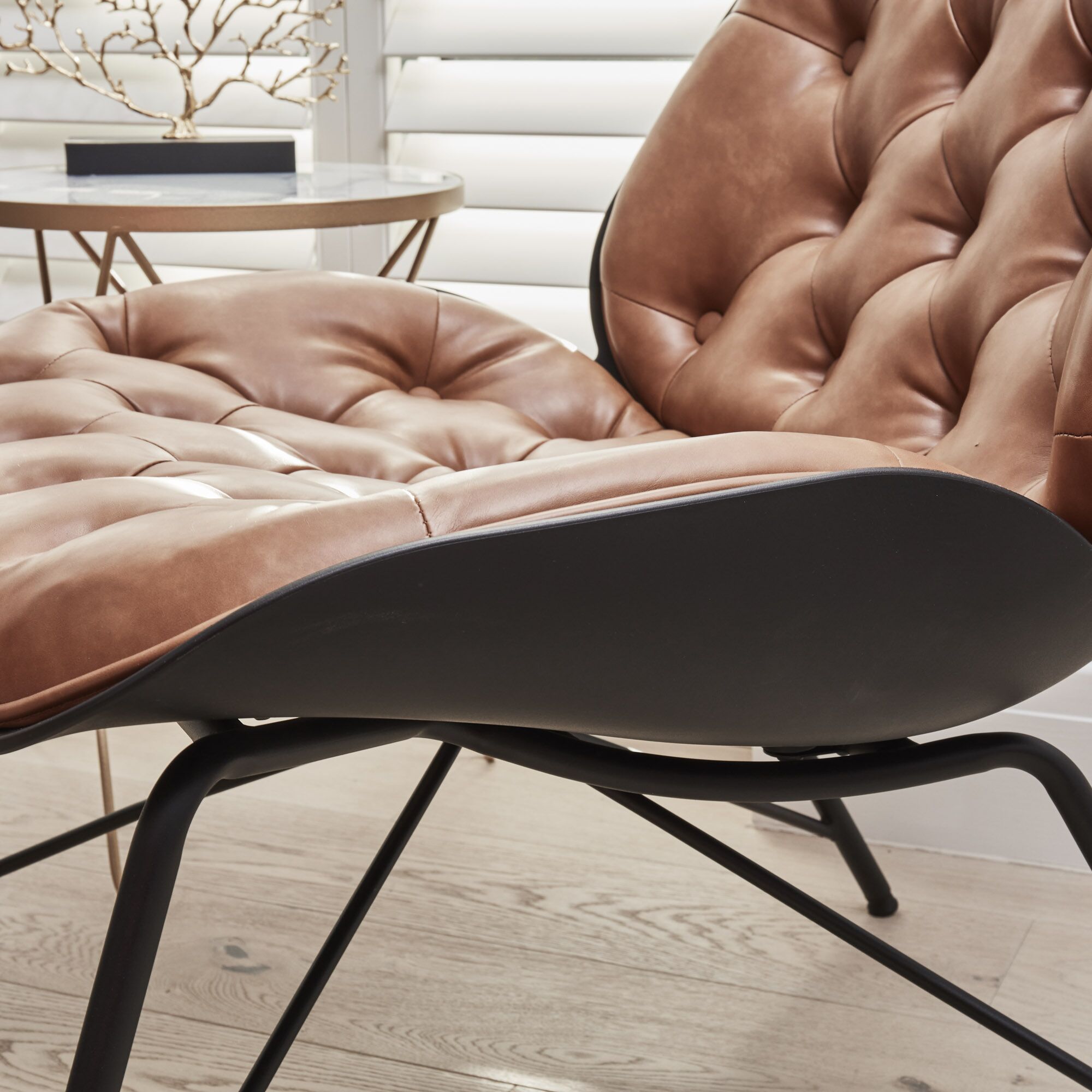 Belvedere Chesterfield Lounge Chair with Footstool In A Tan Brown Faux Leather - Image 18