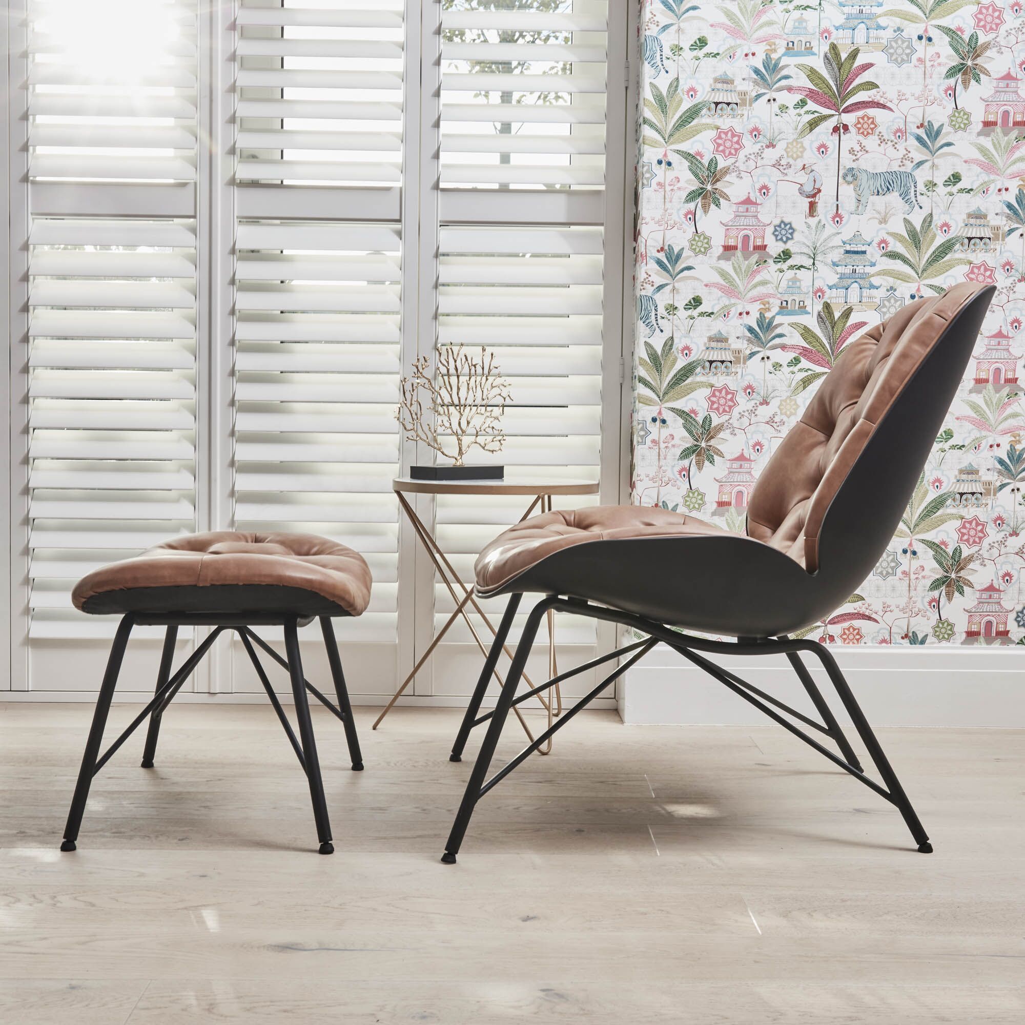 Belvedere Chesterfield Lounge Chair with Footstool In A Tan Brown Faux Leather - Image 19