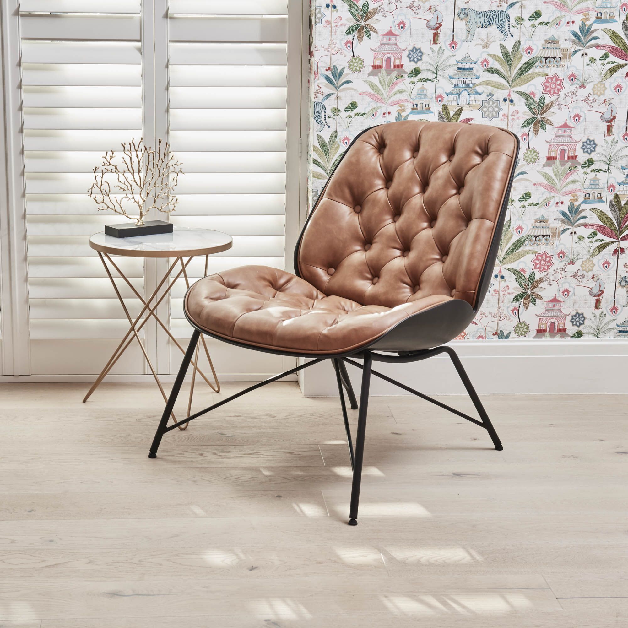 Belvedere Chesterfield Lounge Chair with Footstool In A Tan Brown Faux Leather - Image 3