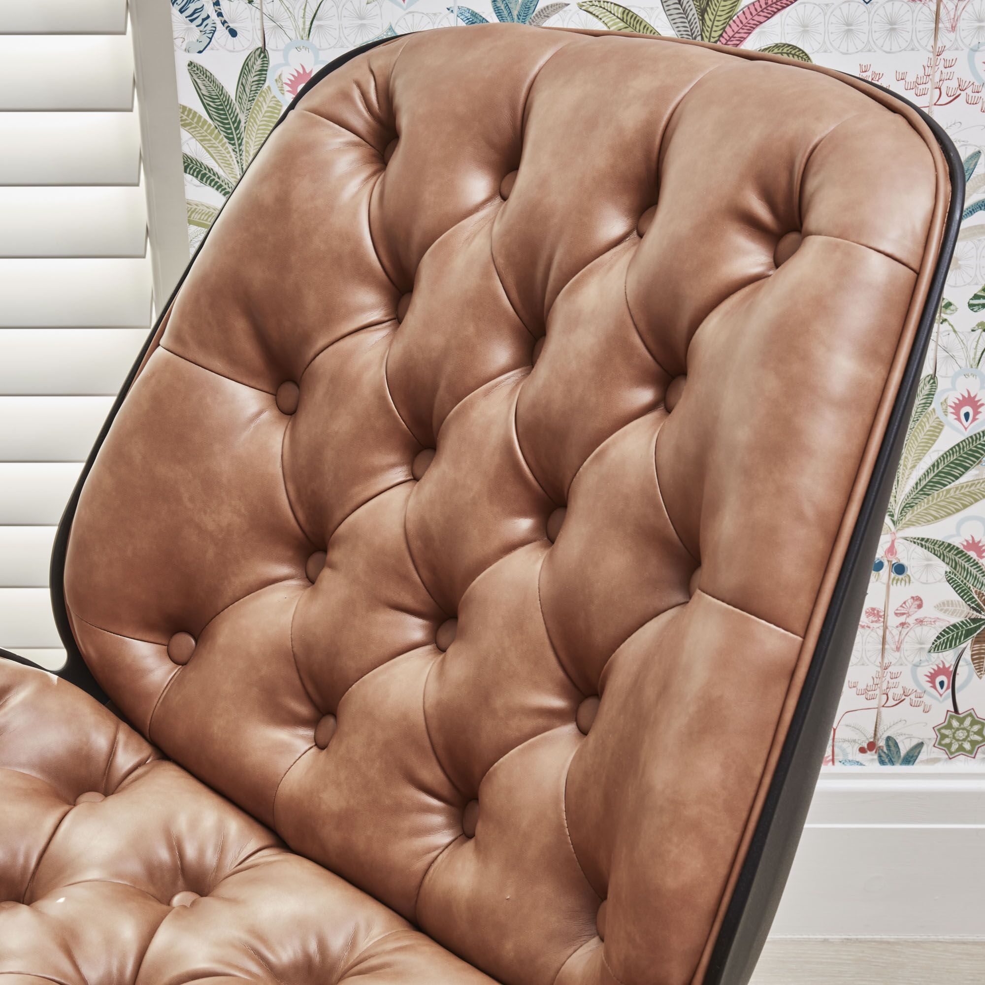 Belvedere Chesterfield Lounge Chair with Footstool In A Tan Brown Faux Leather - Image 5