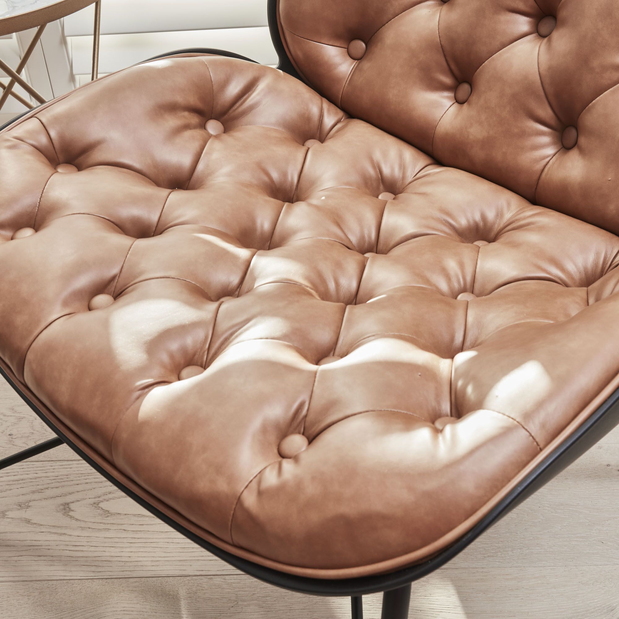 Belvedere Chesterfield Lounge Chair with Footstool In A Tan Brown Faux Leather - Image 6