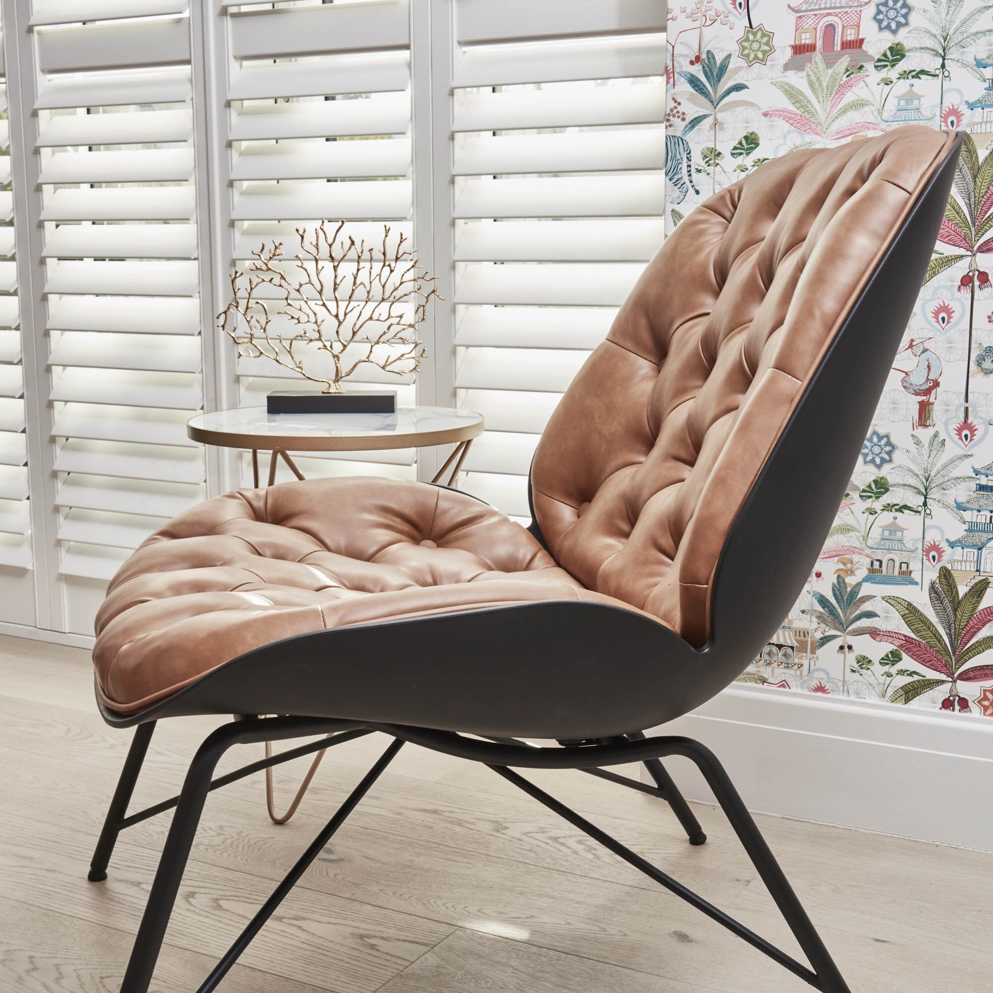 Belvedere Chesterfield Lounge Chair with Footstool In A Tan Brown Faux Leather - Image 8