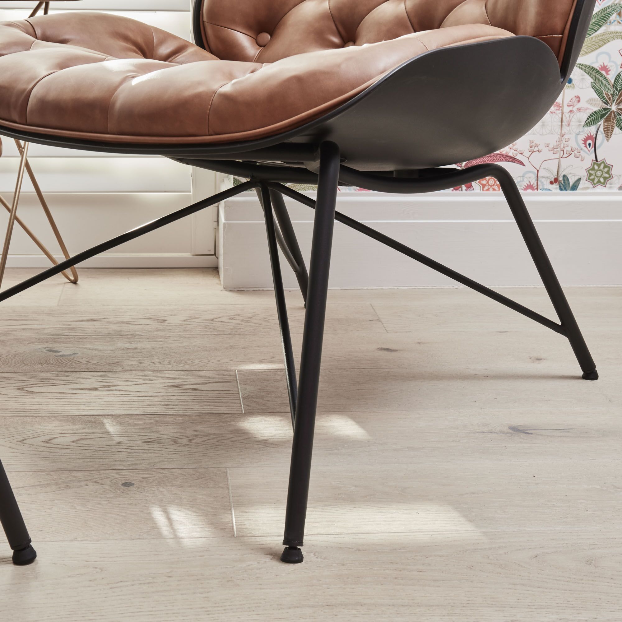 Belvedere Chesterfield Lounge Chair with Footstool In A Tan Brown Faux Leather - Image 9