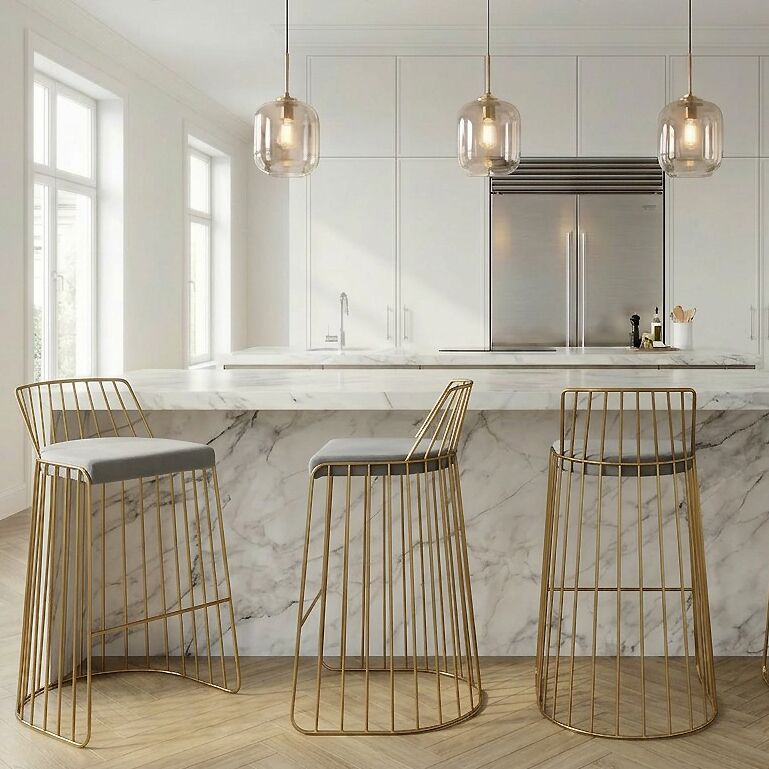 Claudia Grey Velvet Kitchen Barstool With a Gold Solid Frame