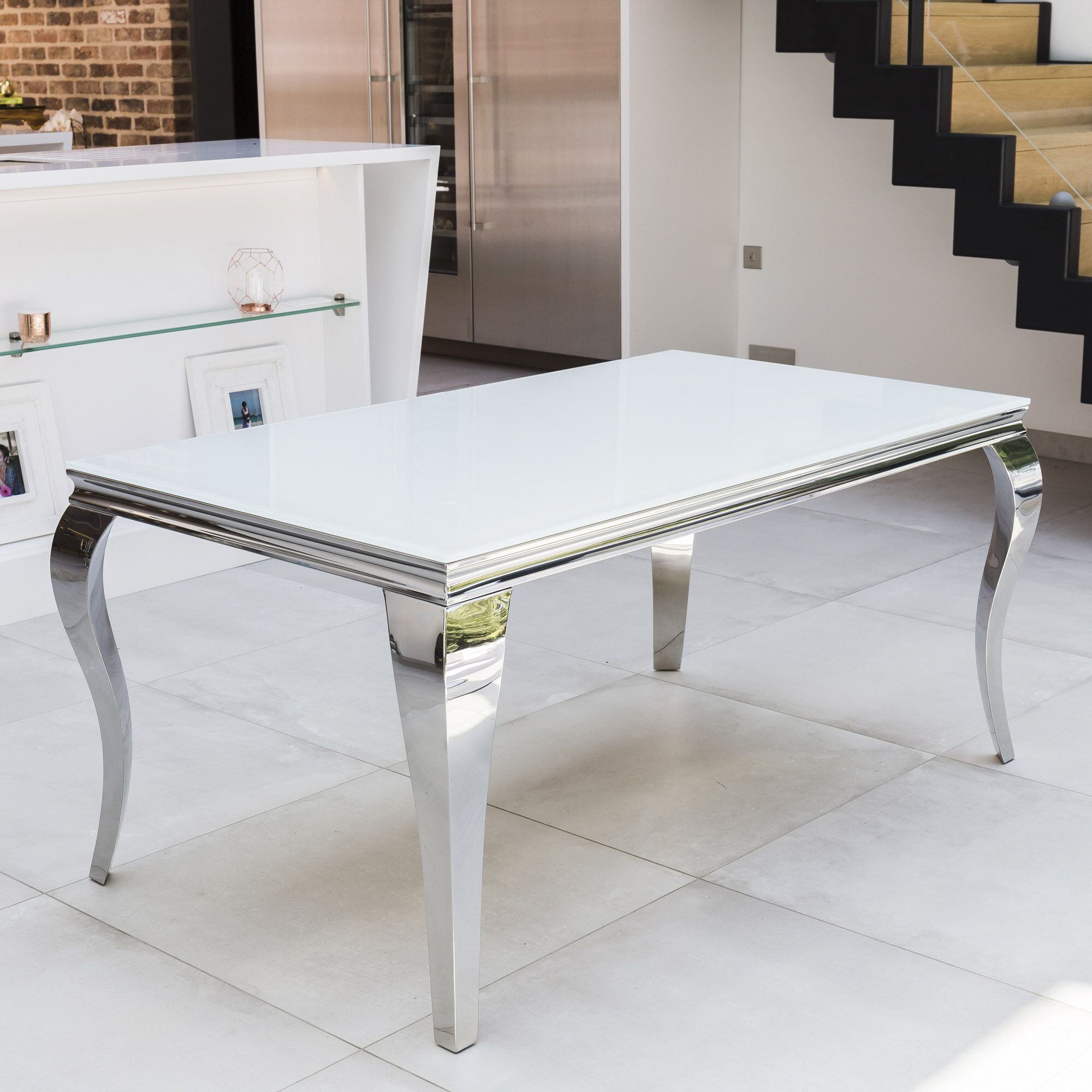 1.8m Louis White Glass Top Dining Table With Polished Stainless Steel Frame - Image 4