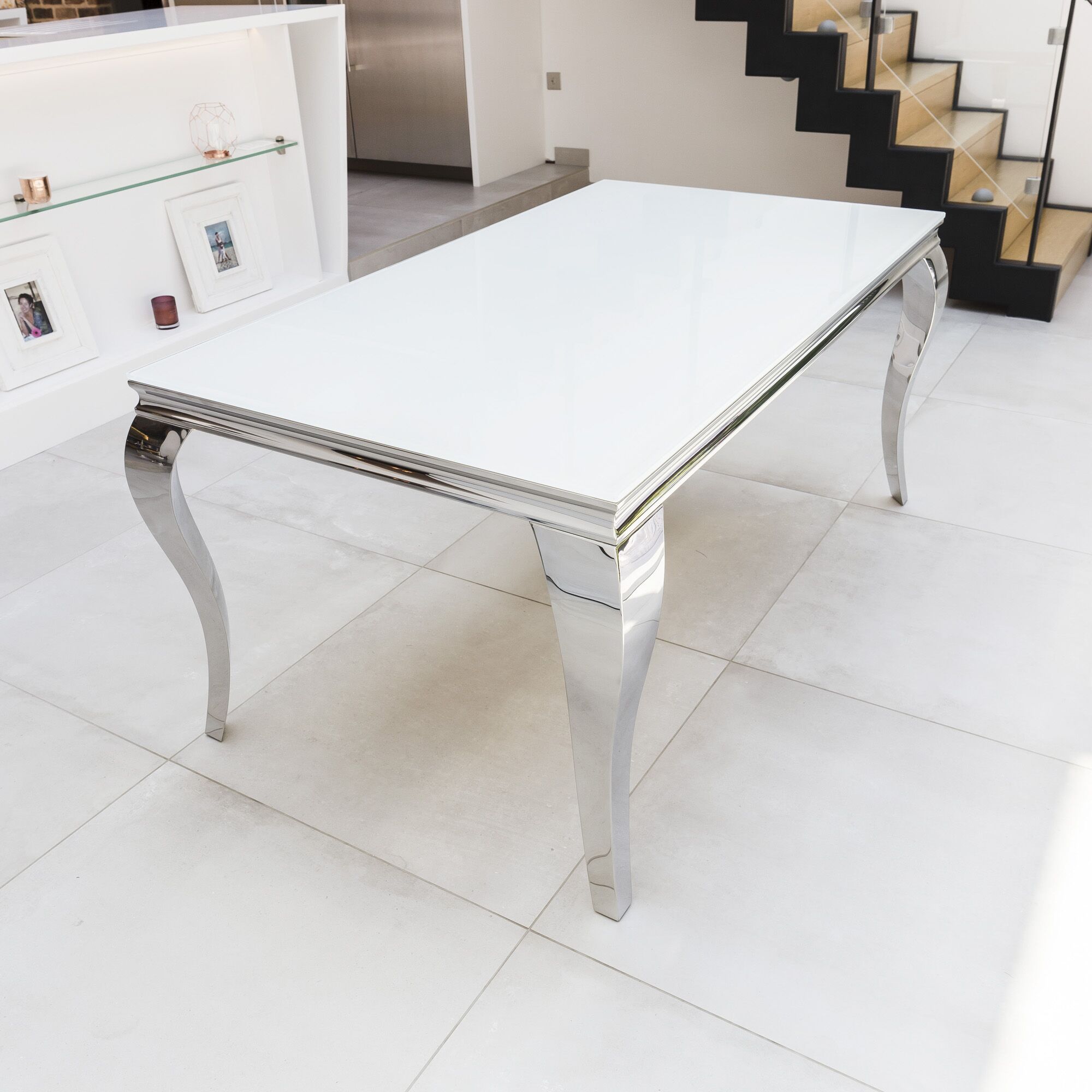 1.8m Louis White Glass Top Dining Table With Polished Stainless Steel Frame - Image 5