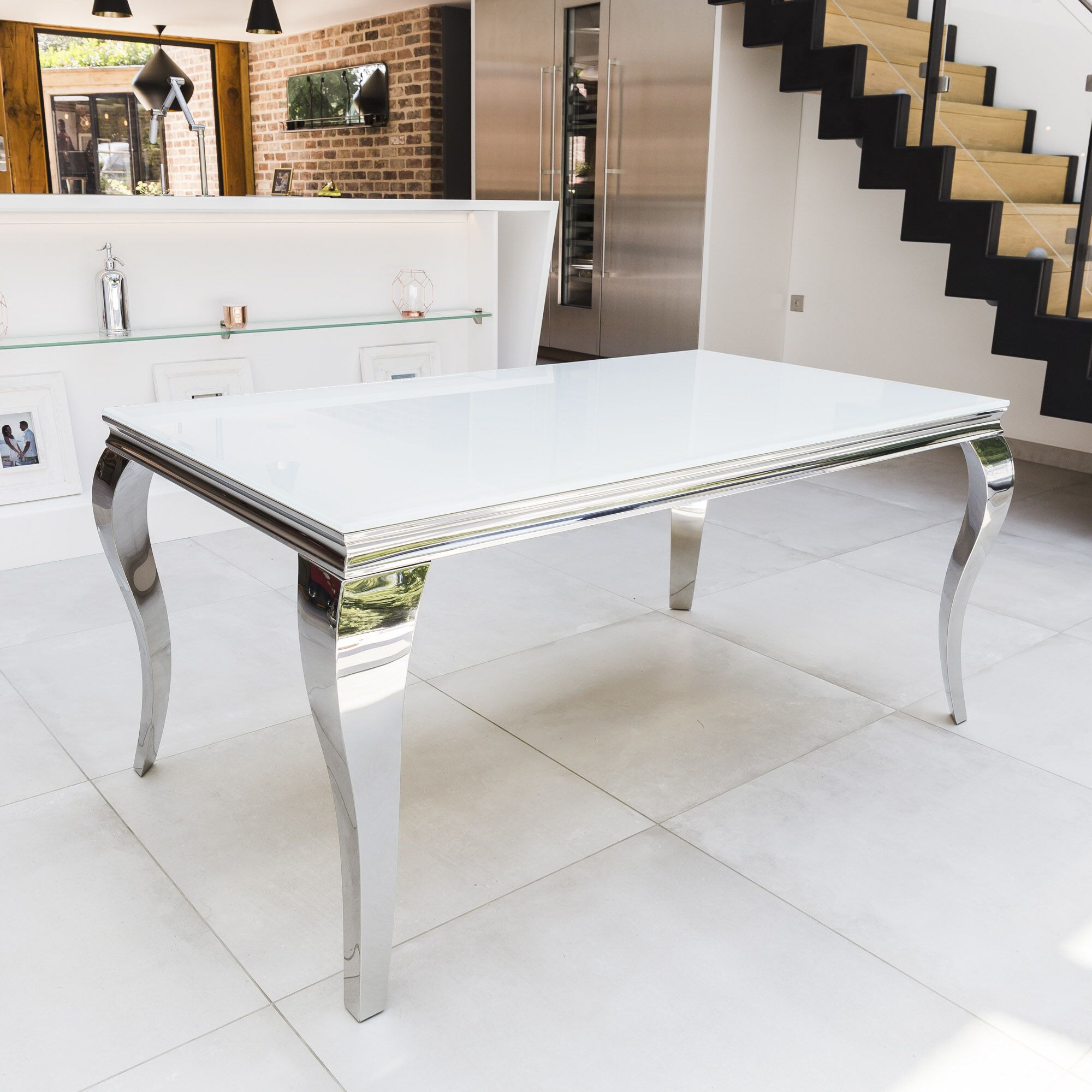 1.8m Louis White Glass Top Dining Table With Polished Stainless Steel Frame - Image 3