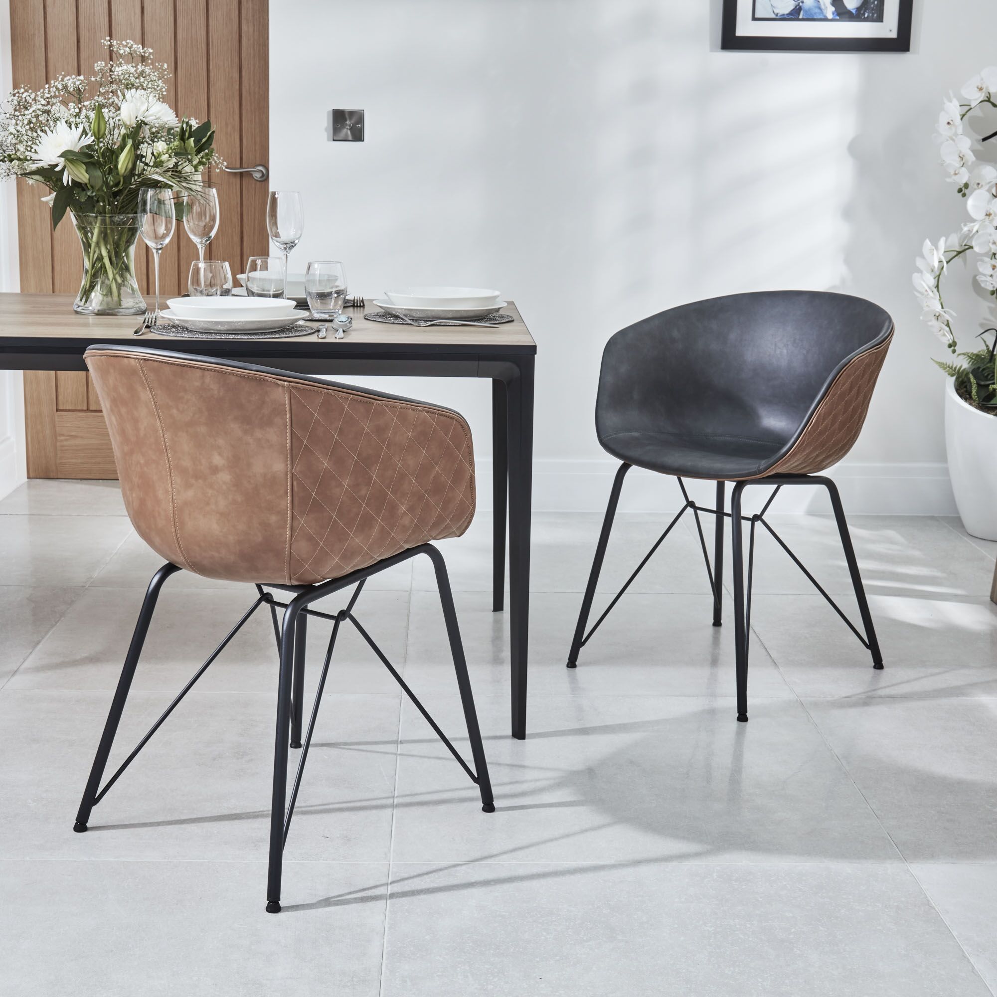 Bellagio 90cm Square Natural Oak Melamine Dining Table Set with 4x Camila Grey/Tan Dining Chairs - Image 6