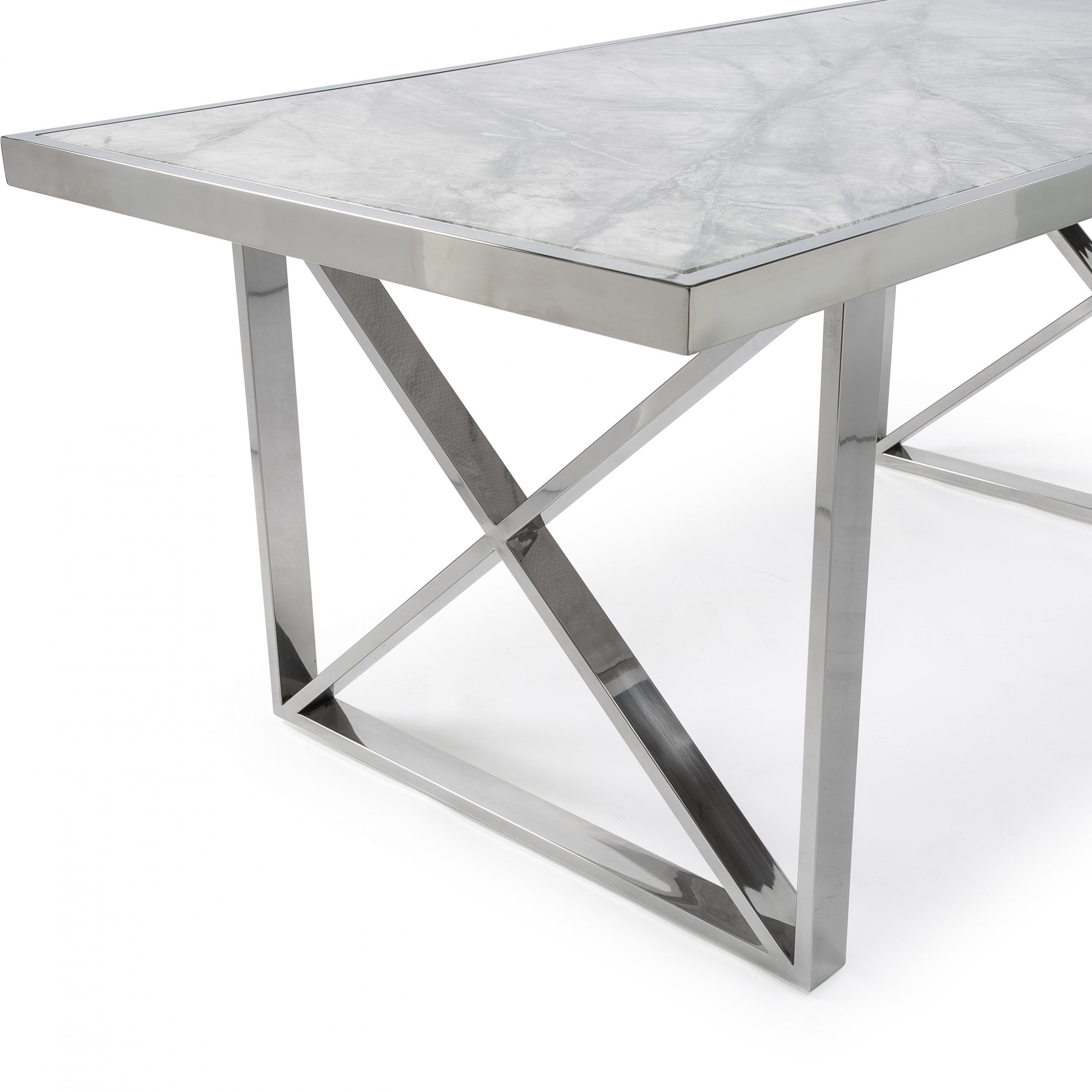 1.8M Tuscany Grey Marble Dining Room Table with Crossed Polished Steel Base - Image 5