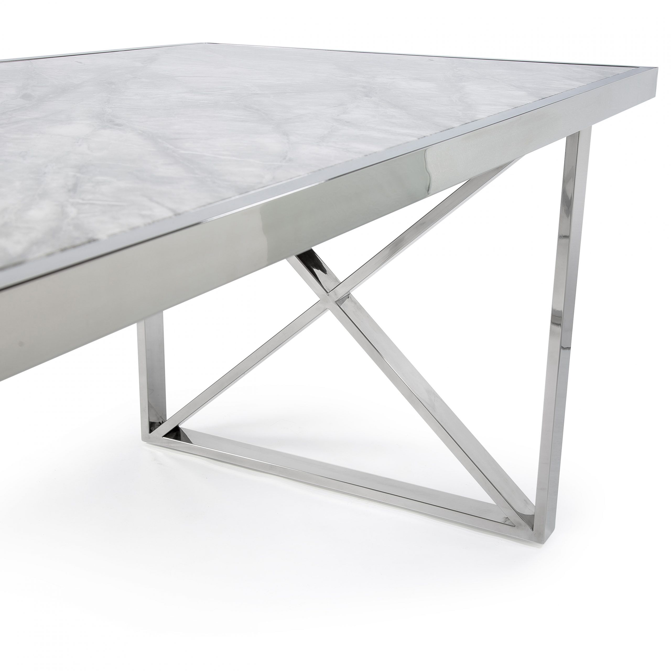 1.8M Tuscany Grey Marble Dining Room Table with Crossed Polished Steel Base - Image 4