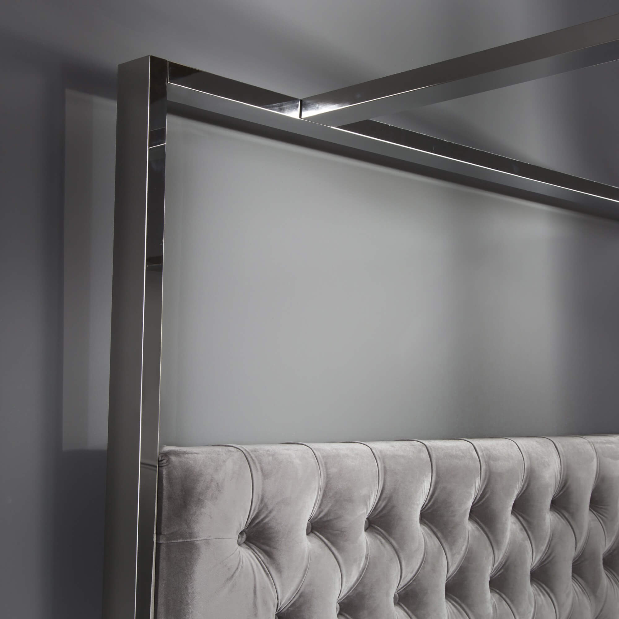 6ft Boston Super King Size Polished Steel Velvet Four Poster Bed - Image 5