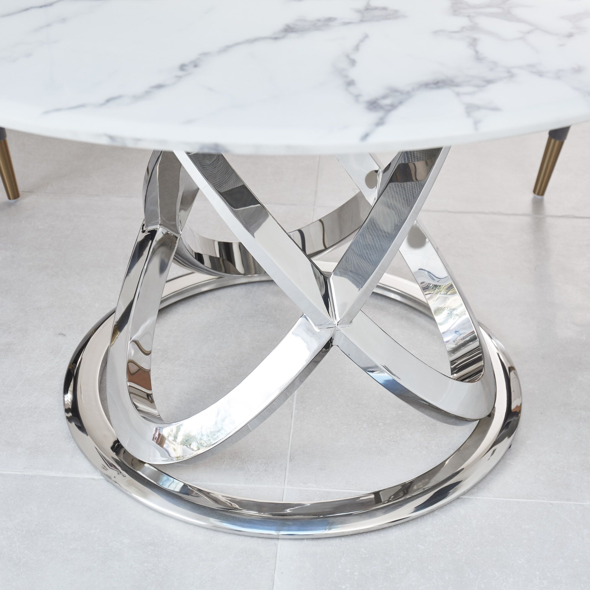 1.3M Pedestal Polished Circular Stainless Steel Dining Table with White Marble Effect - Image 4