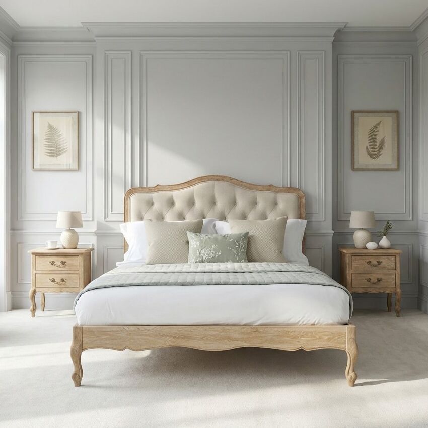 Eléa French Limed Oak Upholstered Button Back Low Foot Board Bed - Double Size