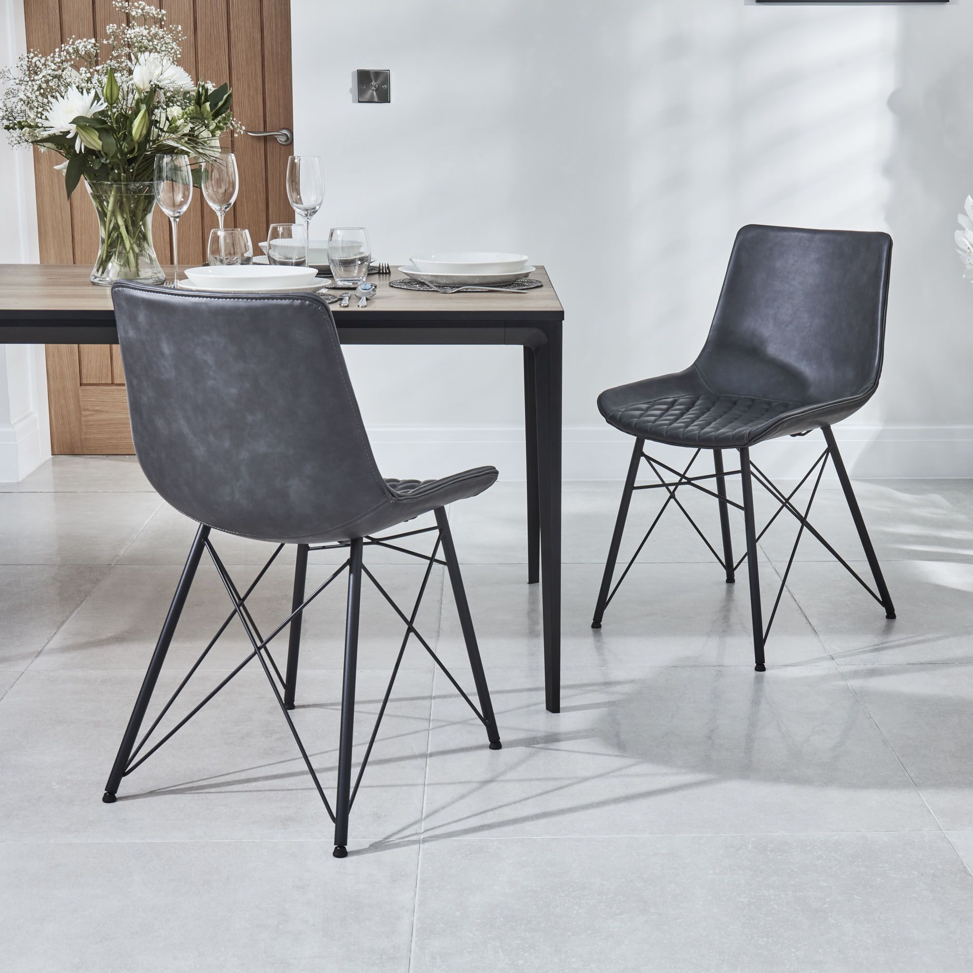 Bellagio 90cm Square Grey Sintered Stone Dining Table Set with 4x Leon Grey Dining Chairs - Image 6