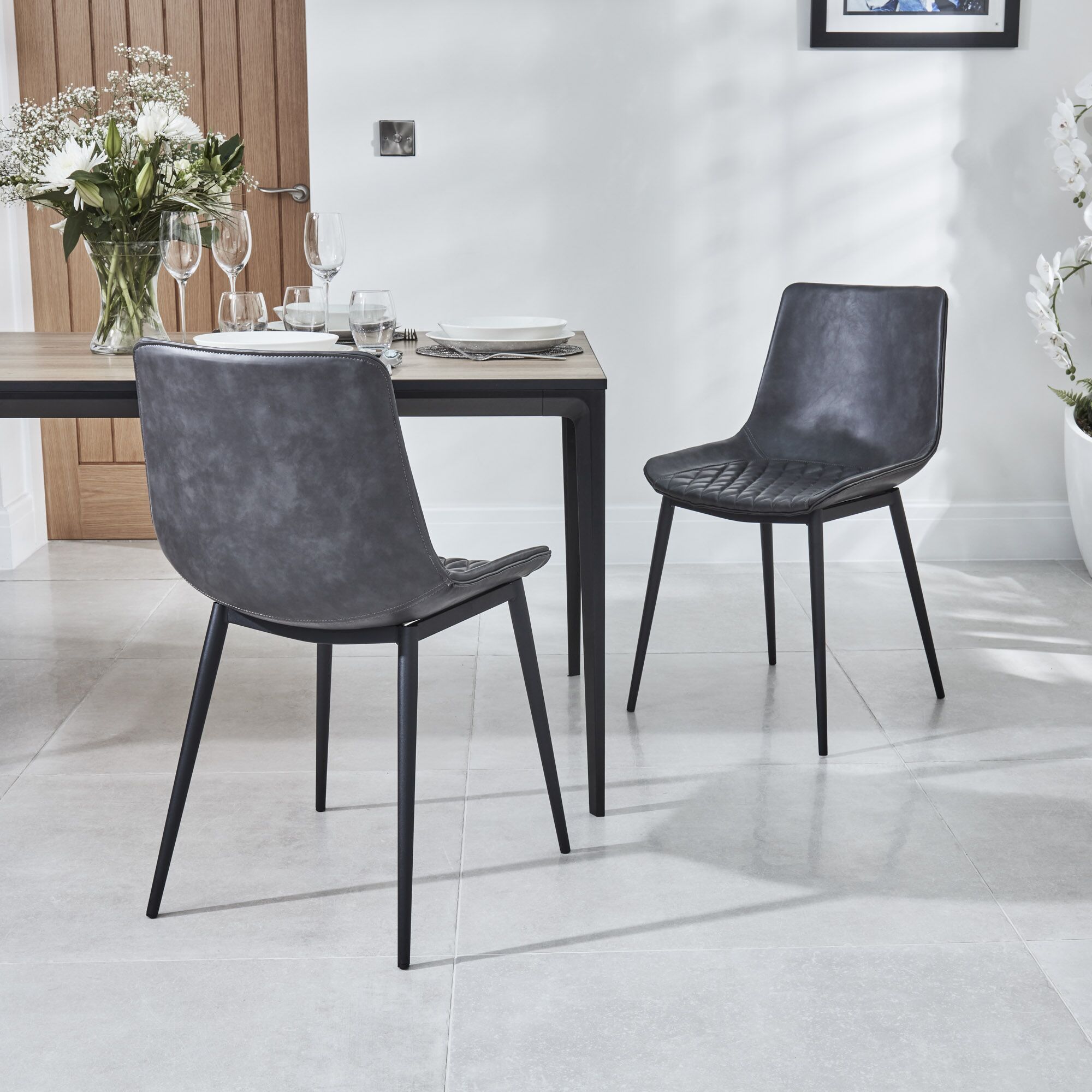 Bellagio 1.6M White Sintered Stone Dining Table with 4x Leo Grey Dining Chairs - Image 15