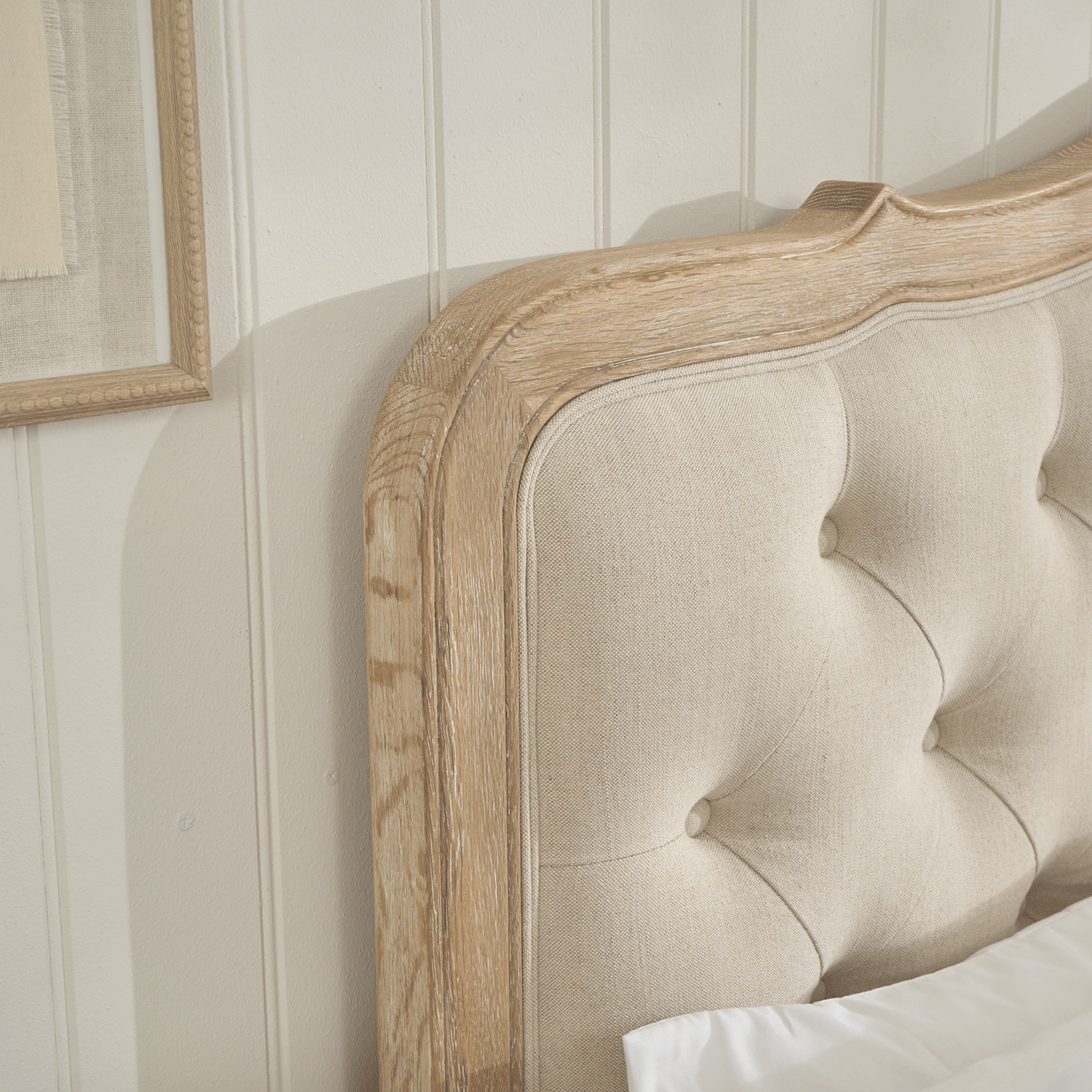 Eléa French Limed Oak Upholstered Button Back Low Foot Board Bed - Double Size - Image 7