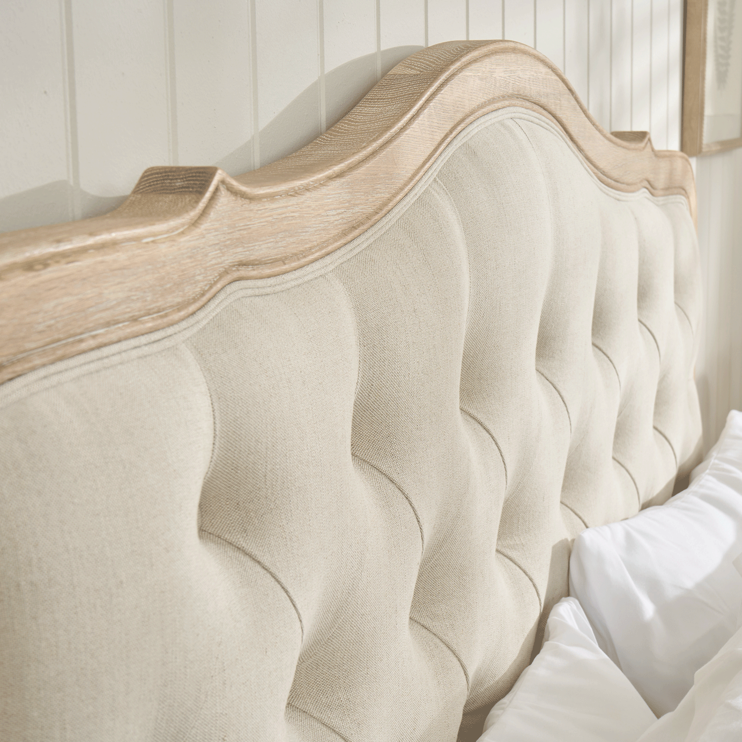 Eléa French Limed Oak Upholstered Button Back Low Foot Board Bed - Double Size - Image 4