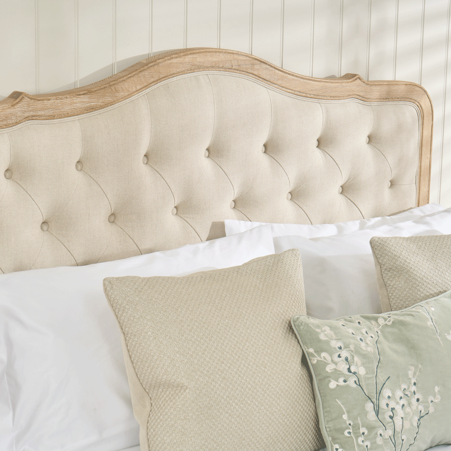 Eléa French Limed Oak Upholstered Button Back Low Foot Board Bed - Double Size - Image 5