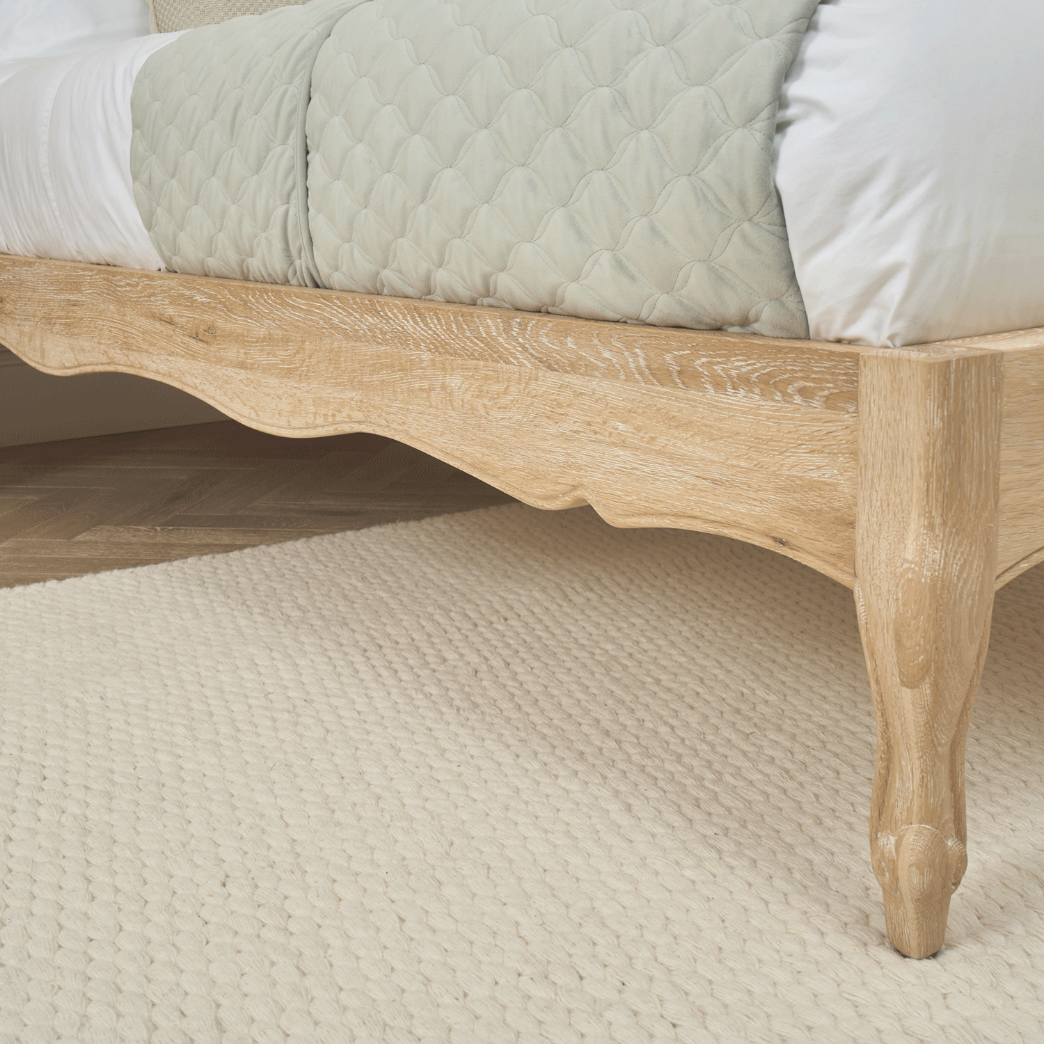 Eléa French Limed Oak Upholstered Button Back Low Foot Board Bed - Double Size - Image 8
