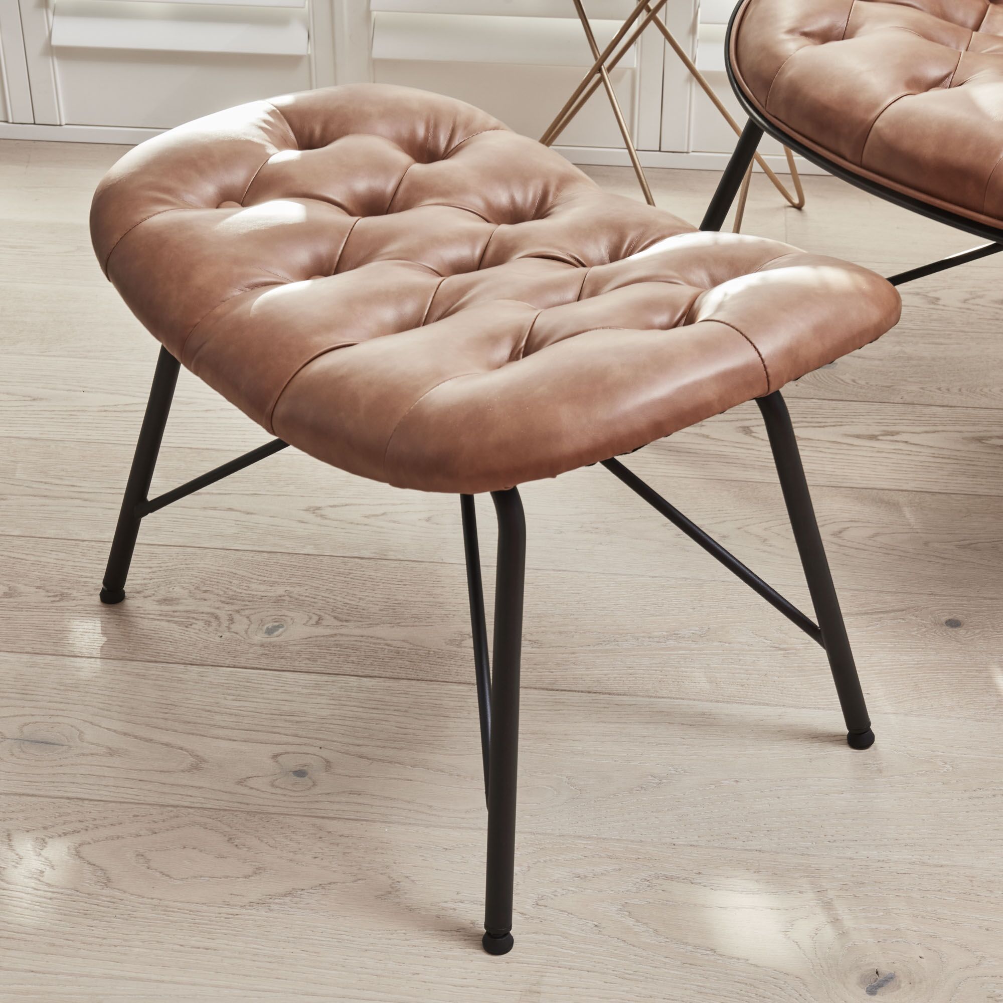 Belvedere Chesterfield Lounge Chair with Footstool In A Tan Brown Faux Leather - Image 10